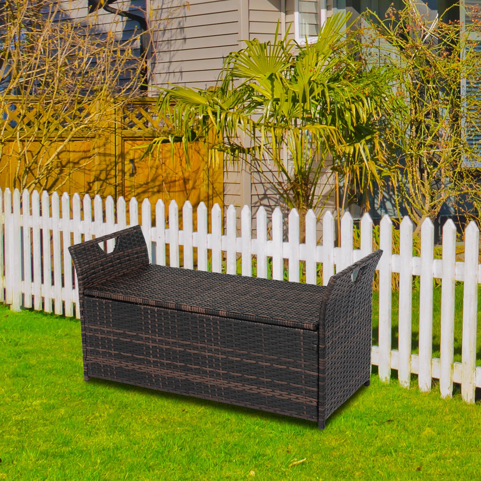 HAOYYE Rattan Storage Ottoman Bench with Cushion and Iron Frame, Brown Gradient PE Wicker Footstool Locker for Bedroom Entryway Living Room, 125L Hidden Storage Chest with Soft Seat, Indoor Shoe Storage Organizer
