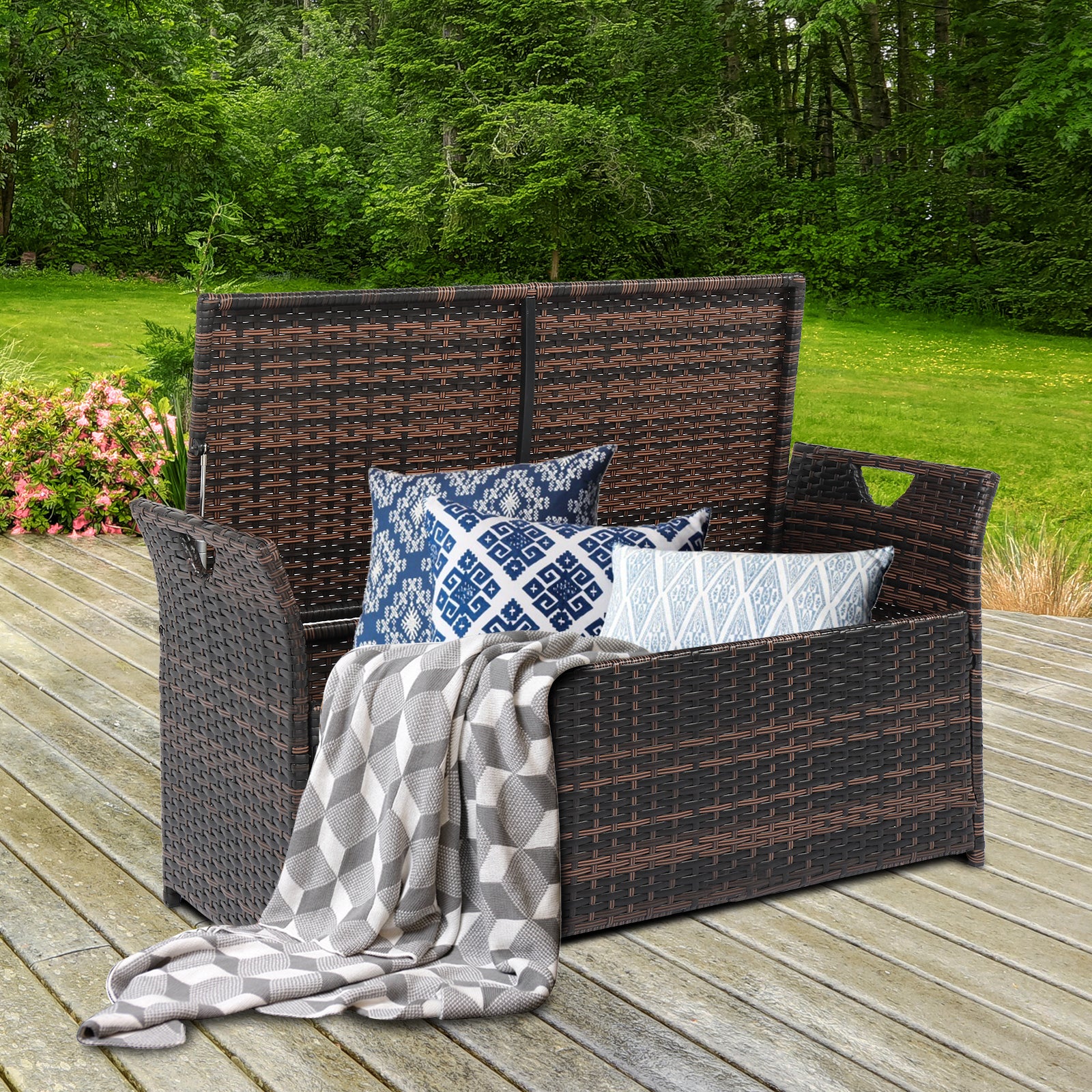 HAOYYE Rattan Storage Ottoman Bench with Cushion and Iron Frame, Brown Gradient PE Wicker Footstool Locker for Bedroom Entryway Living Room, 125L Hidden Storage Chest with Soft Seat, Indoor Shoe Storage Organizer