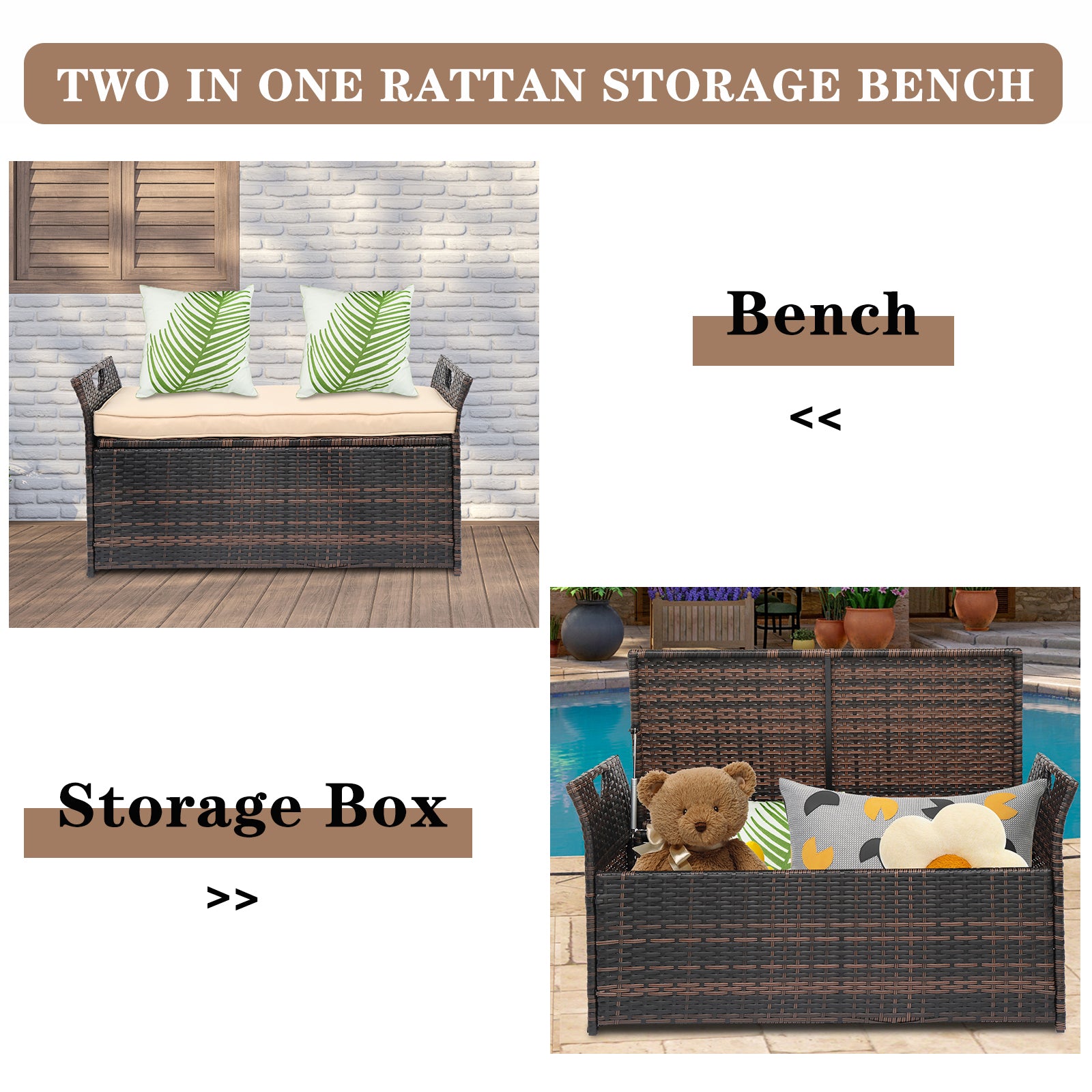 HAOYYE Rattan Storage Ottoman Bench with Cushion and Iron Frame, Brown Gradient PE Wicker Footstool Locker for Bedroom Entryway Living Room, 125L Hidden Storage Chest with Soft Seat, Indoor Shoe Storage Organizer