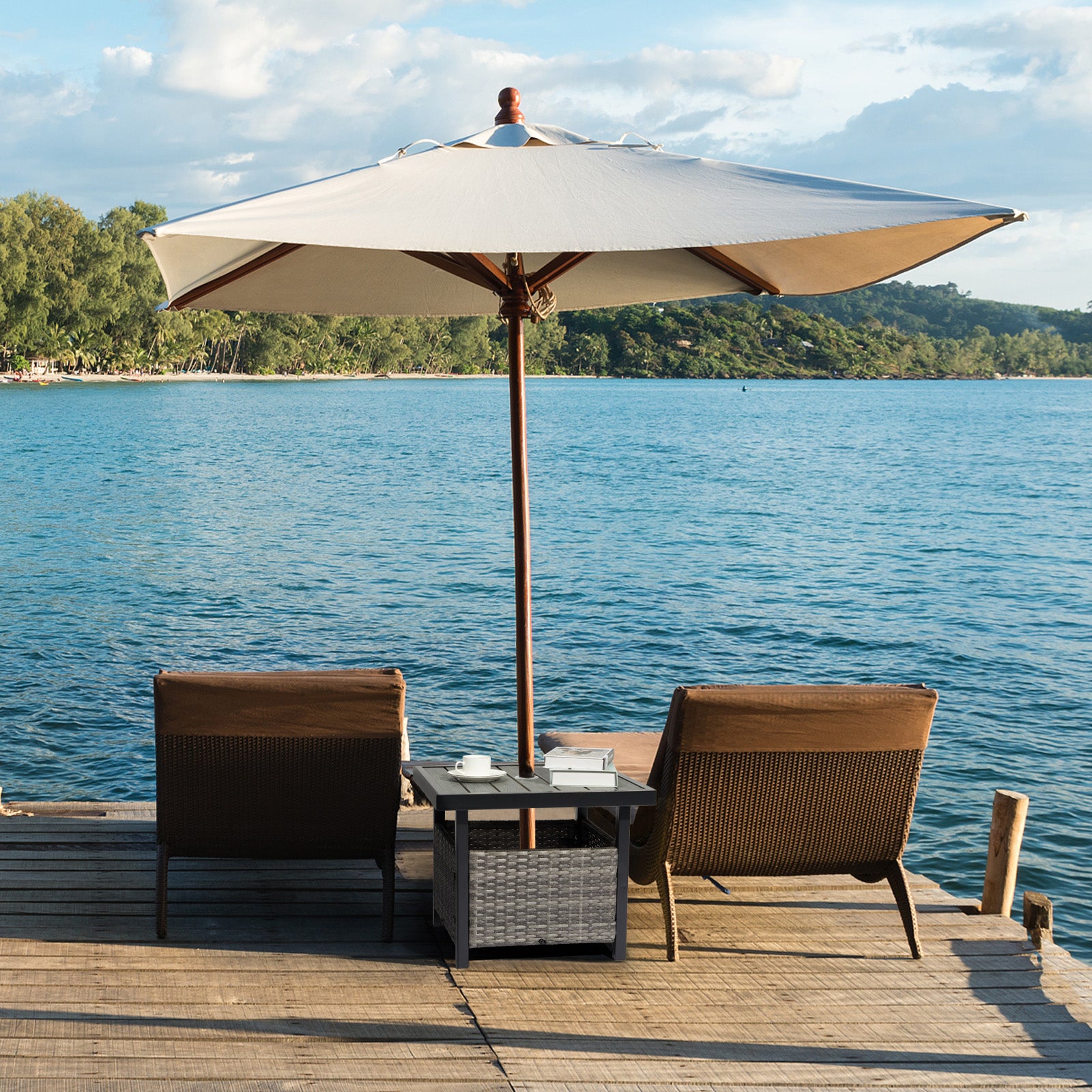 HAOYYE Outdoor Wicker Side Table with Umbrella Hole and Hidden Storage Square PE Rattan End Table for Patio Garden Deck Poolside Weather Resistant Small Table for Outdoor Furniture Set Grey