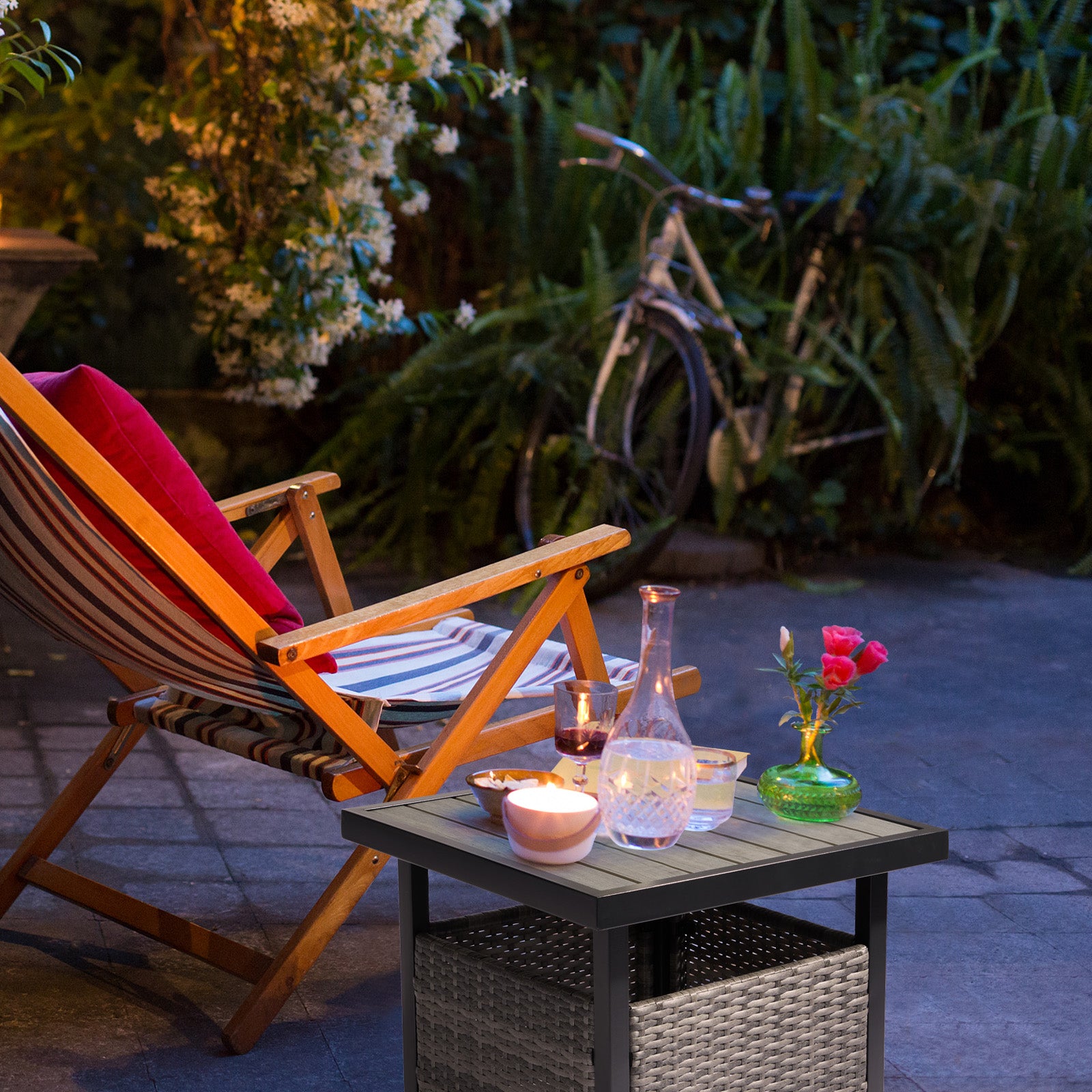 HAOYYE Outdoor Wicker Side Table with Umbrella Hole and Hidden Storage Square PE Rattan End Table for Patio Garden Deck Poolside Weather Resistant Small Table for Outdoor Furniture Set Grey