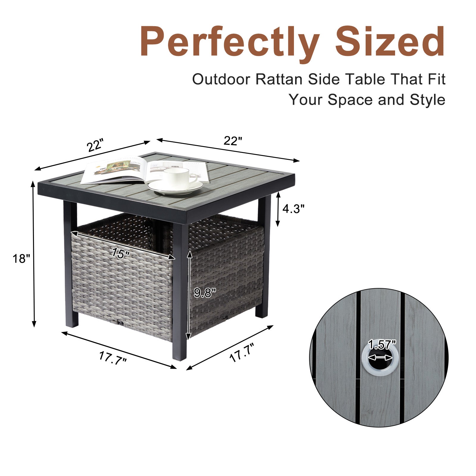 HAOYYE Outdoor Wicker Side Table with Umbrella Hole and Hidden Storage Square PE Rattan End Table for Patio Garden Deck Poolside Weather Resistant Small Table for Outdoor Furniture Set Grey