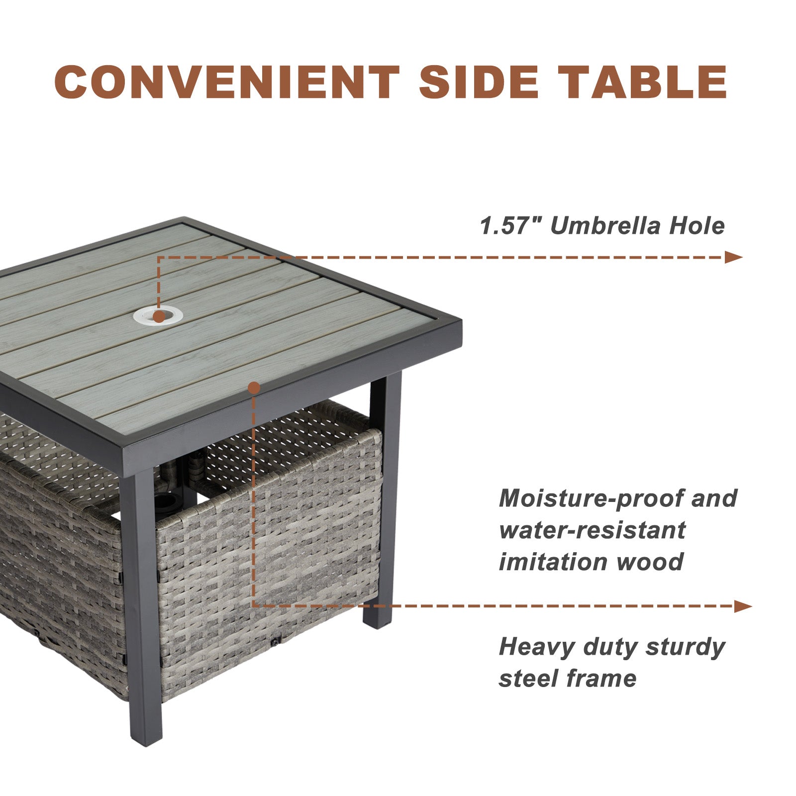 HAOYYE Outdoor Wicker Side Table with Umbrella Hole and Hidden Storage Square PE Rattan End Table for Patio Garden Deck Poolside Weather Resistant Small Table for Outdoor Furniture Set Grey