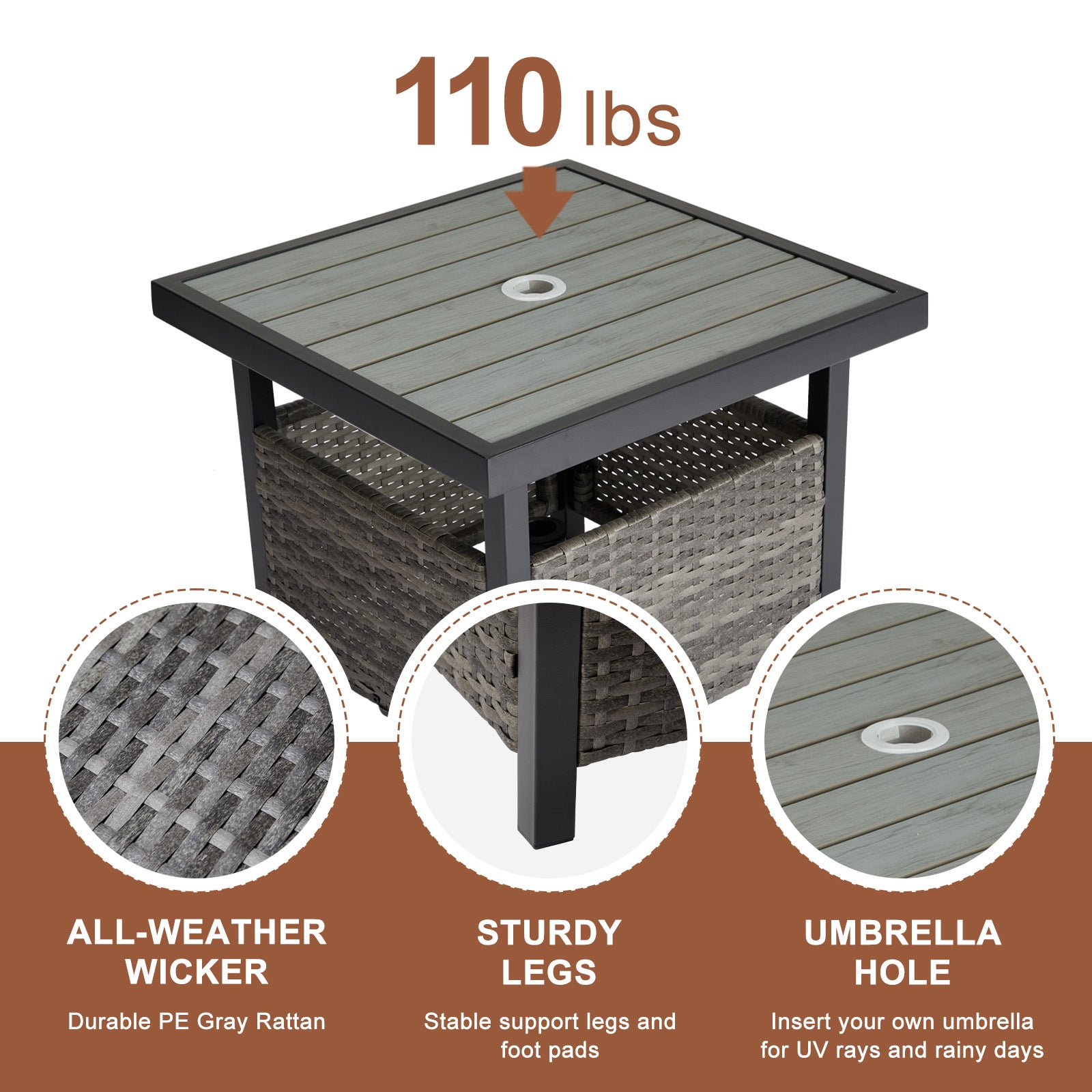 HAOYYE Outdoor Wicker Side Table with Umbrella Hole and Hidden Storage Square PE Rattan End Table for Patio Garden Deck Poolside Weather Resistant Small Table for Outdoor Furniture Set Grey
