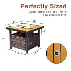 HAOYYE Outdoor Wicker Side Table with Umbrella Hole and Storage Shelf, Square PE Rattan End Table with Steel Frame and Imitation Wood Top for Patio Garden Deck Backyard Poolside,