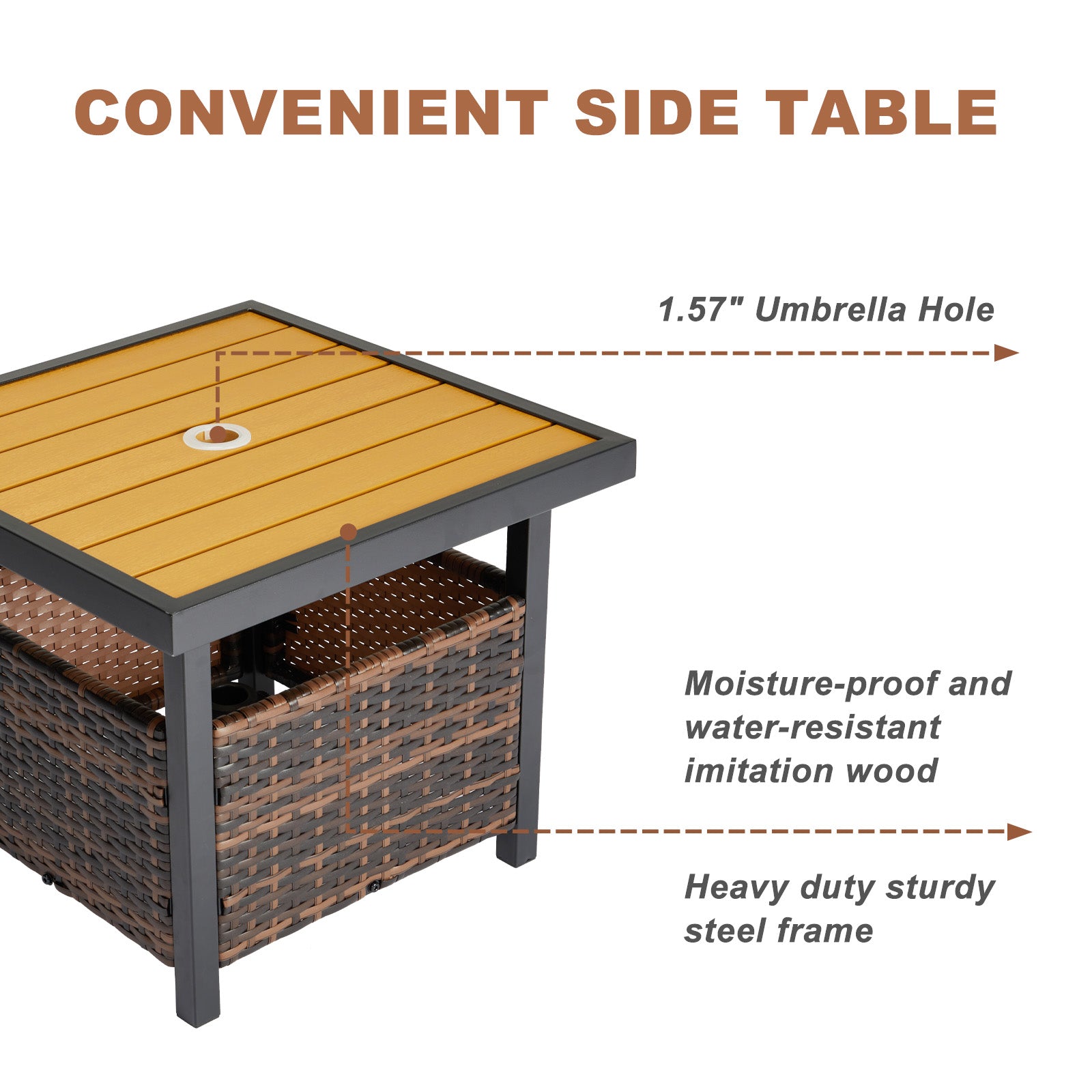 HAOYYE Outdoor Wicker Side Table with Umbrella Hole and Storage Shelf, Square PE Rattan End Table with Steel Frame and Imitation Wood Top for Patio Garden Deck Backyard Poolside,