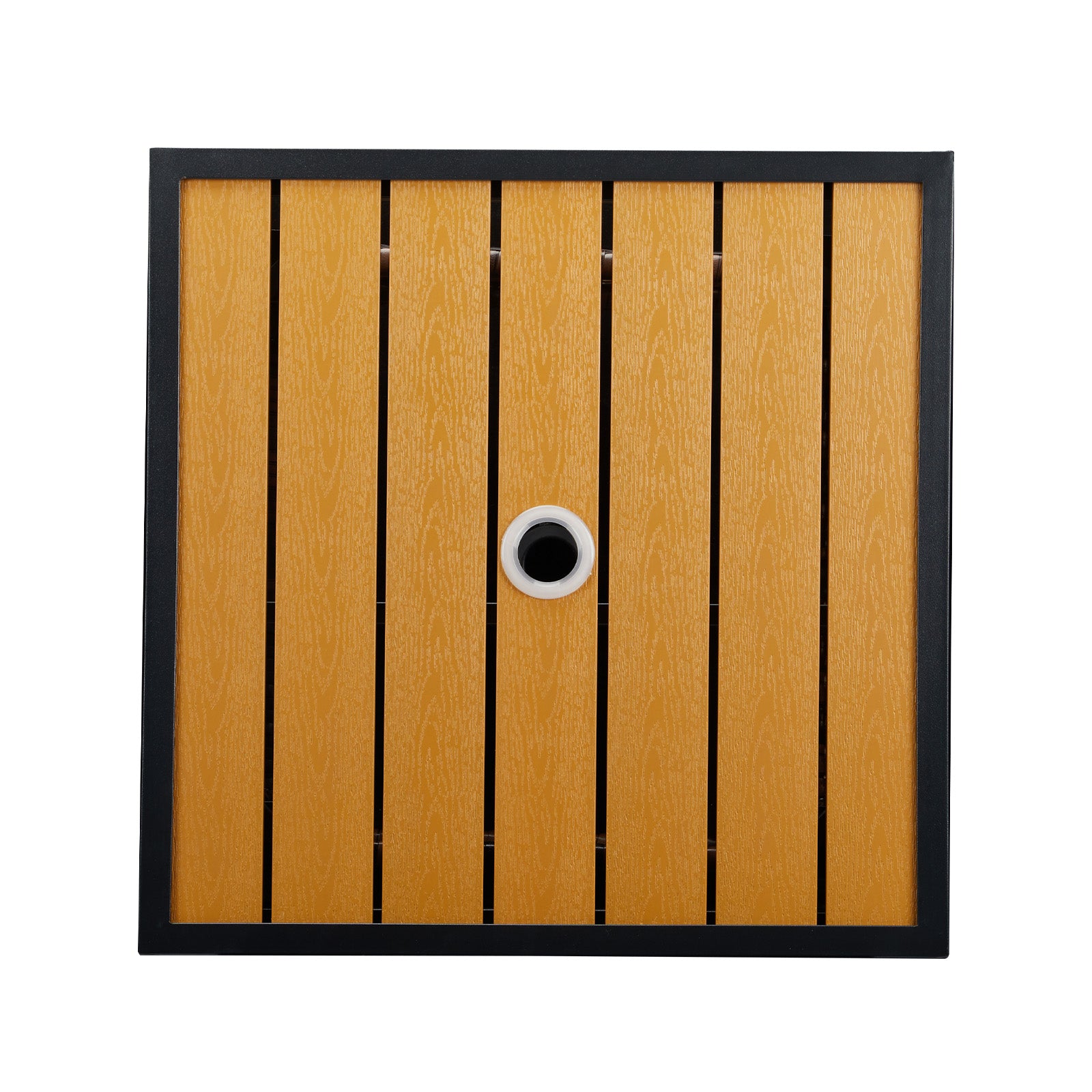 HAOYYE Outdoor Wicker Side Table with Umbrella Hole and Storage Shelf, Square PE Rattan End Table with Steel Frame and Imitation Wood Top for Patio Garden Deck Backyard Poolside,