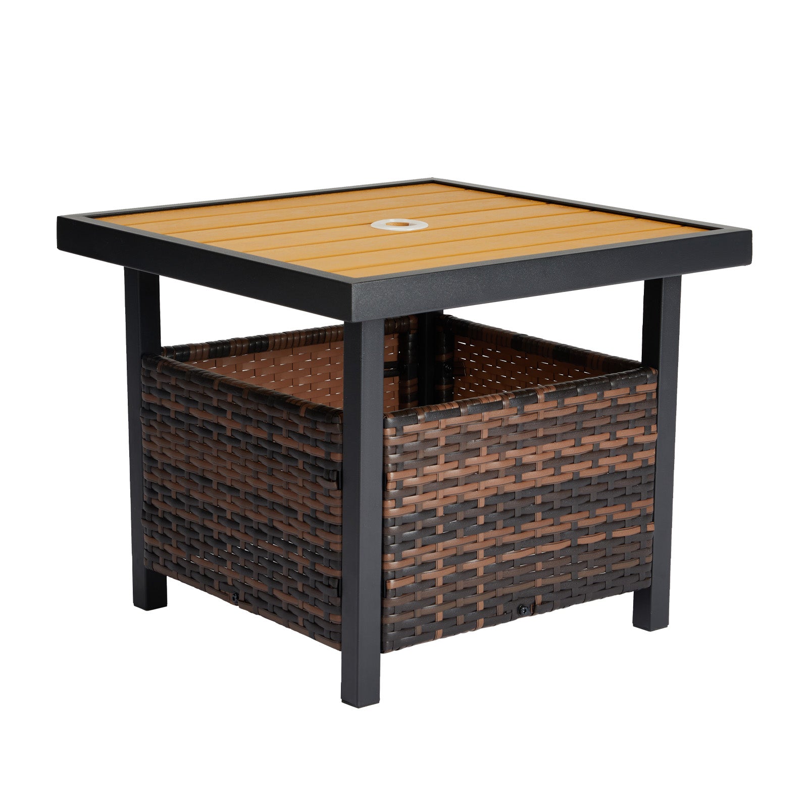 HAOYYE Outdoor Wicker Side Table with Umbrella Hole and Storage Shelf, Square PE Rattan End Table with Steel Frame and Imitation Wood Top for Patio Garden Deck Backyard Poolside,