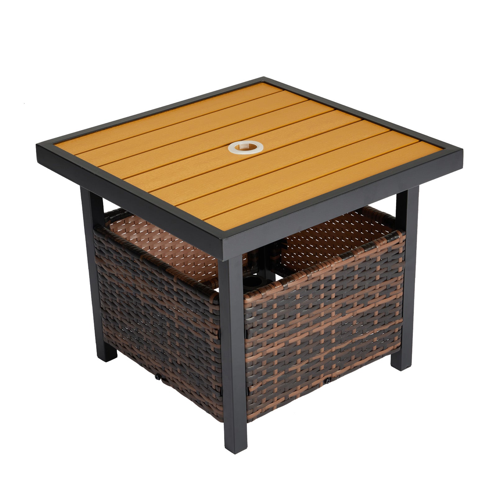 HAOYYE Outdoor Wicker Side Table with Umbrella Hole and Storage Shelf, Square PE Rattan End Table with Steel Frame and Imitation Wood Top for Patio Garden Deck Backyard Poolside,