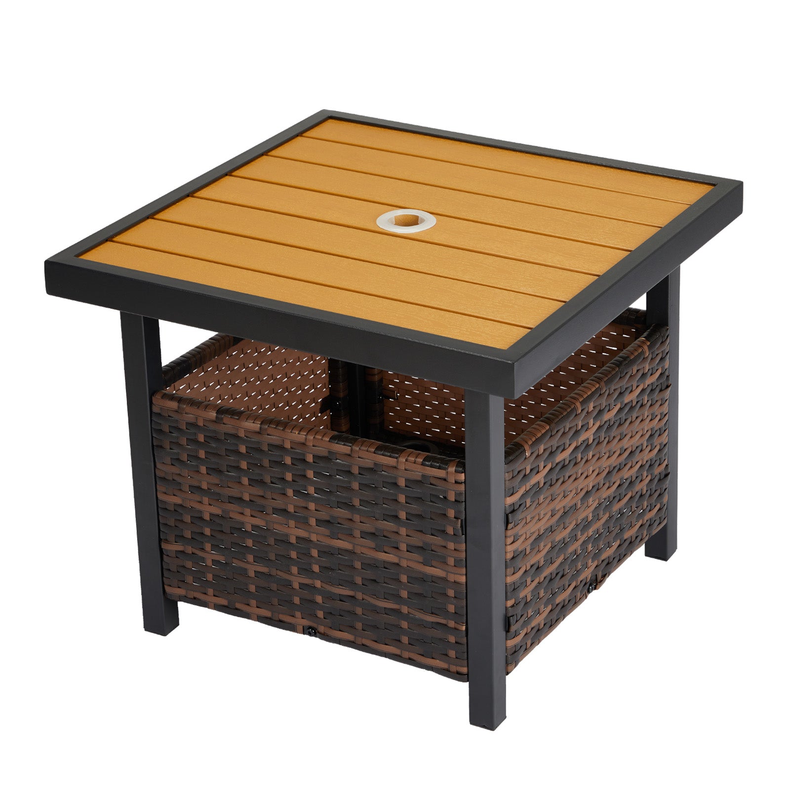 HAOYYE Outdoor Wicker Side Table with Umbrella Hole and Storage Shelf, Square PE Rattan End Table with Steel Frame and Imitation Wood Top for Patio Garden Deck Backyard Poolside,