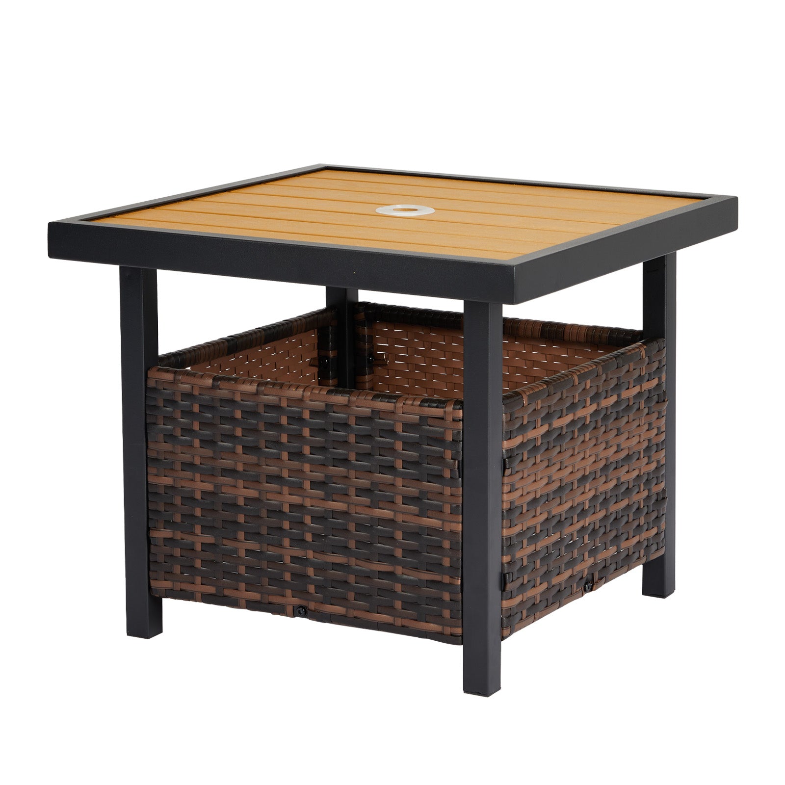 HAOYYE Outdoor Wicker Side Table with Umbrella Hole and Storage Shelf, Square PE Rattan End Table with Steel Frame and Imitation Wood Top for Patio Garden Deck Backyard Poolside,