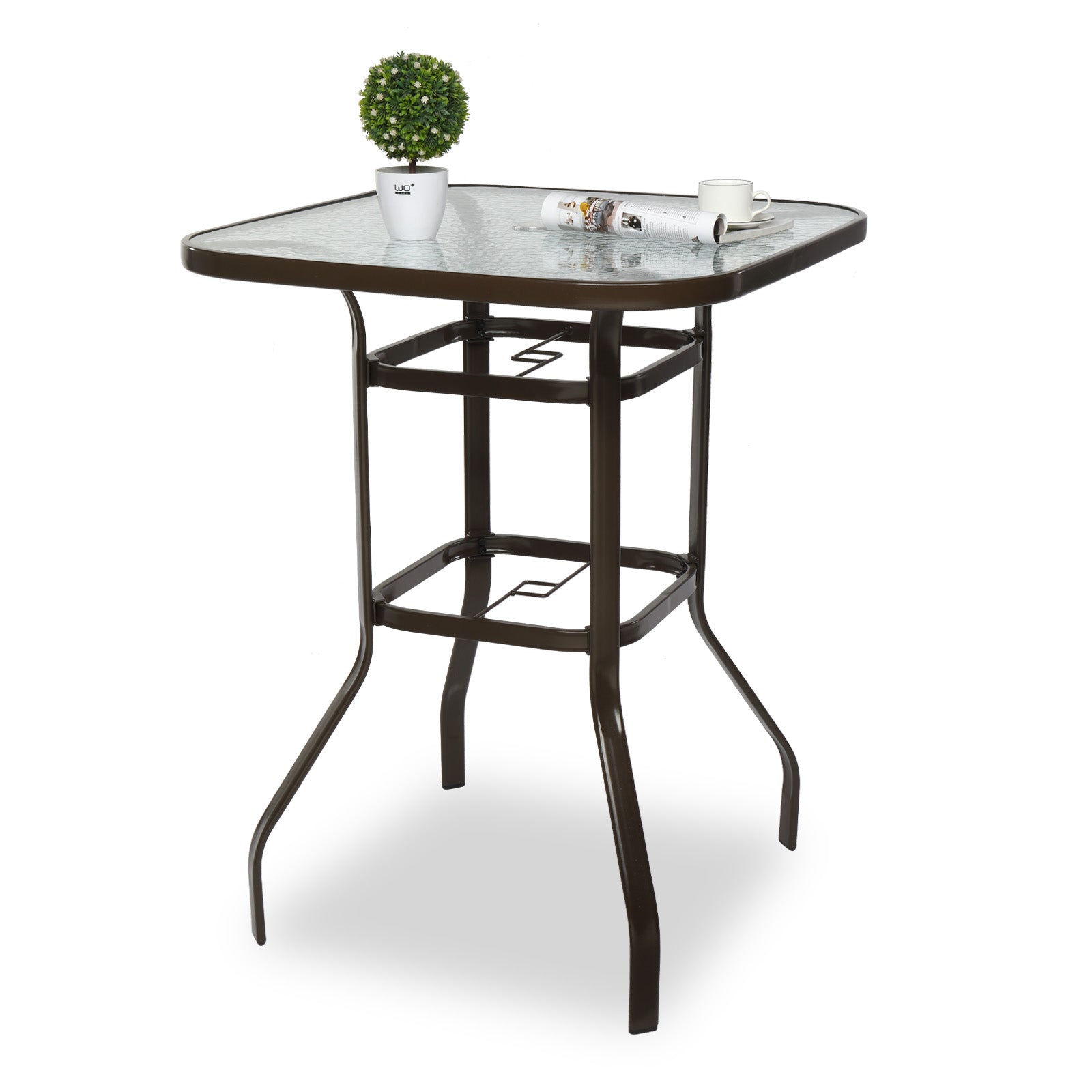 Haoyye Square Outdoor Bar Table, Patio Bar Height Bistro Table With Tempered Glass Top And Umbrella Hole, Brown, Perfect For Yard, Patio, Or Poolside