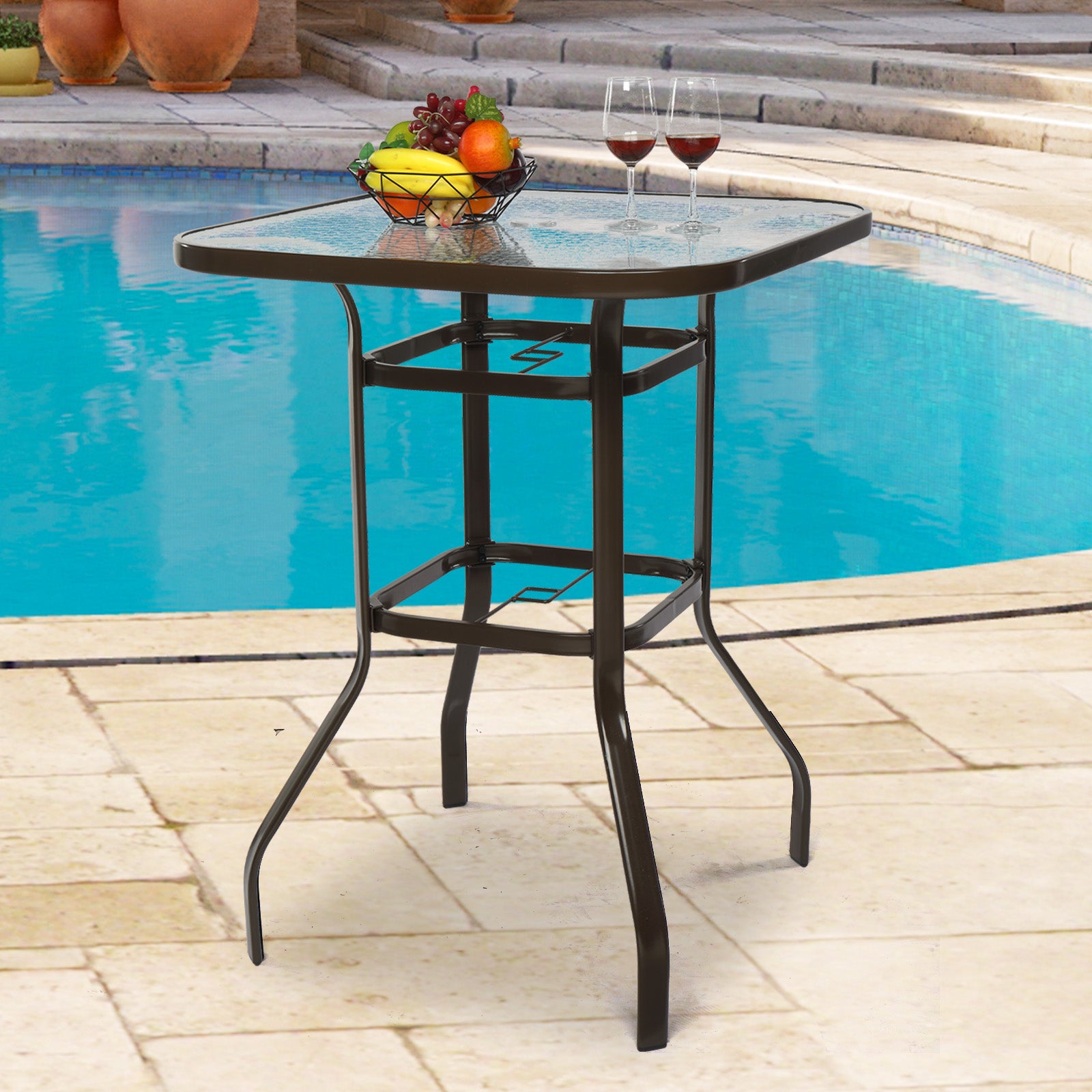 Haoyye Square Outdoor Bar Table, Patio Bar Height Bistro Table With Tempered Glass Top And Umbrella Hole, Brown, Perfect For Yard, Patio, Or Poolside