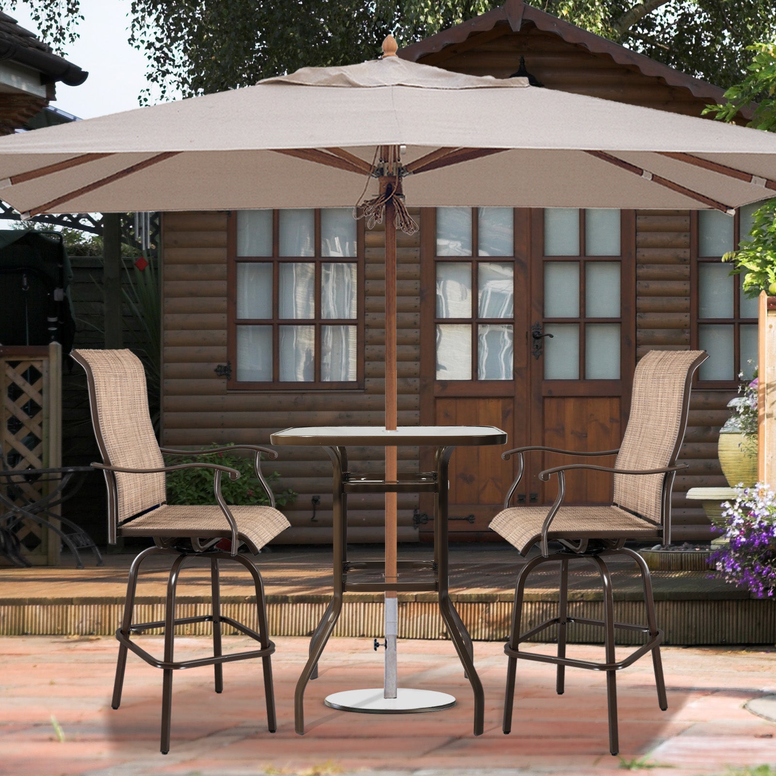 Haoyye Square Outdoor Bar Table, Patio Bar Height Bistro Table With Tempered Glass Top And Umbrella Hole, Brown, Perfect For Yard, Patio, Or Poolside