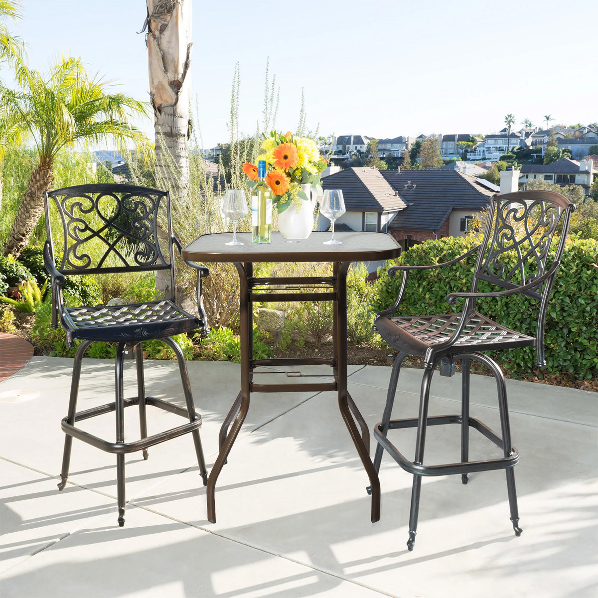 Haoyye Square Outdoor Bar Table, Patio Bar Height Bistro Table With Tempered Glass Top And Umbrella Hole, Brown, Perfect For Yard, Patio, Or Poolside