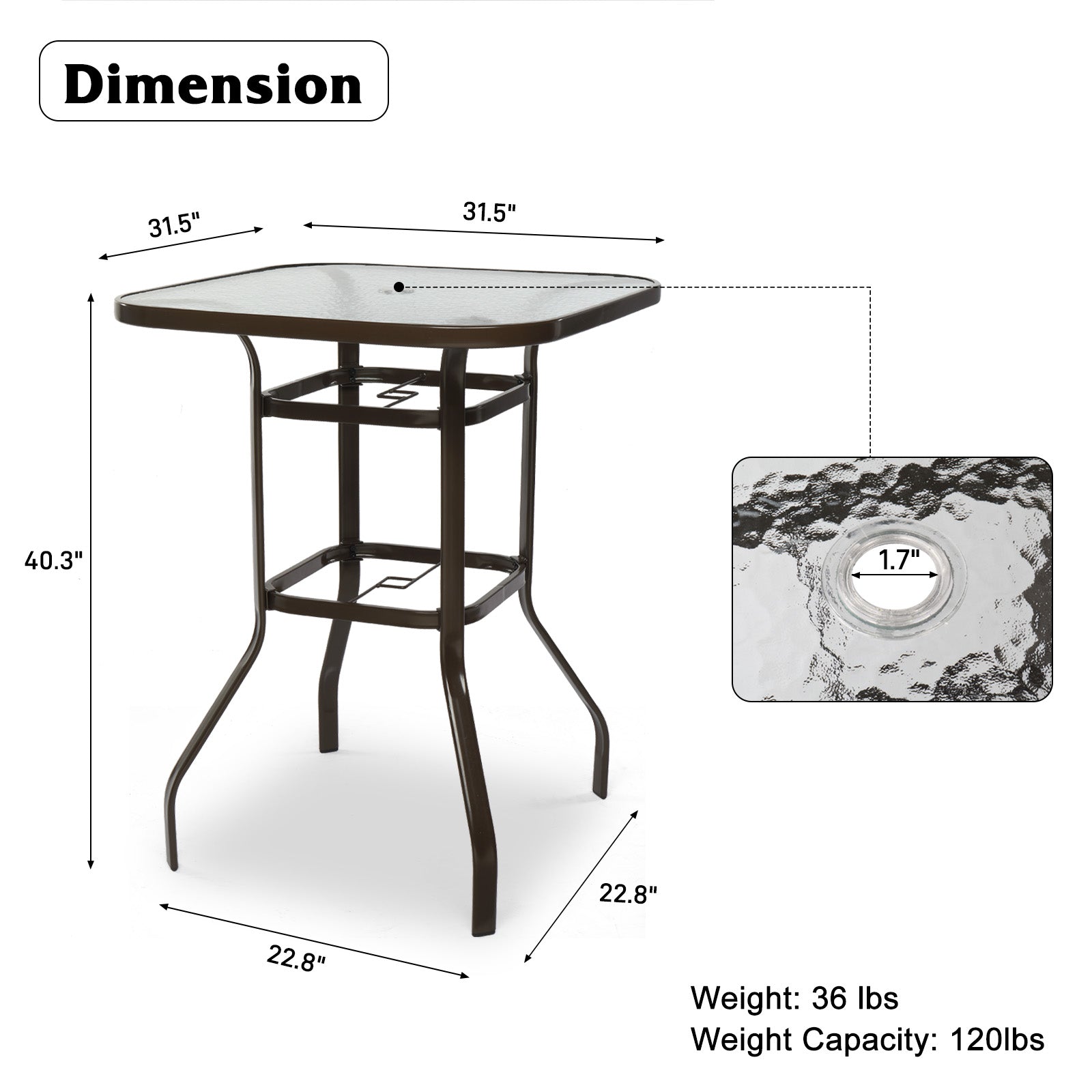 Haoyye Square Outdoor Bar Table, Patio Bar Height Bistro Table With Tempered Glass Top And Umbrella Hole, Brown, Perfect For Yard, Patio, Or Poolside
