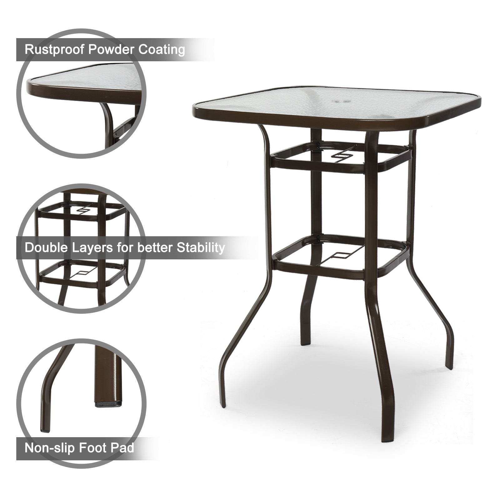 Haoyye Square Outdoor Bar Table, Patio Bar Height Bistro Table With Tempered Glass Top And Umbrella Hole, Brown, Perfect For Yard, Patio, Or Poolside