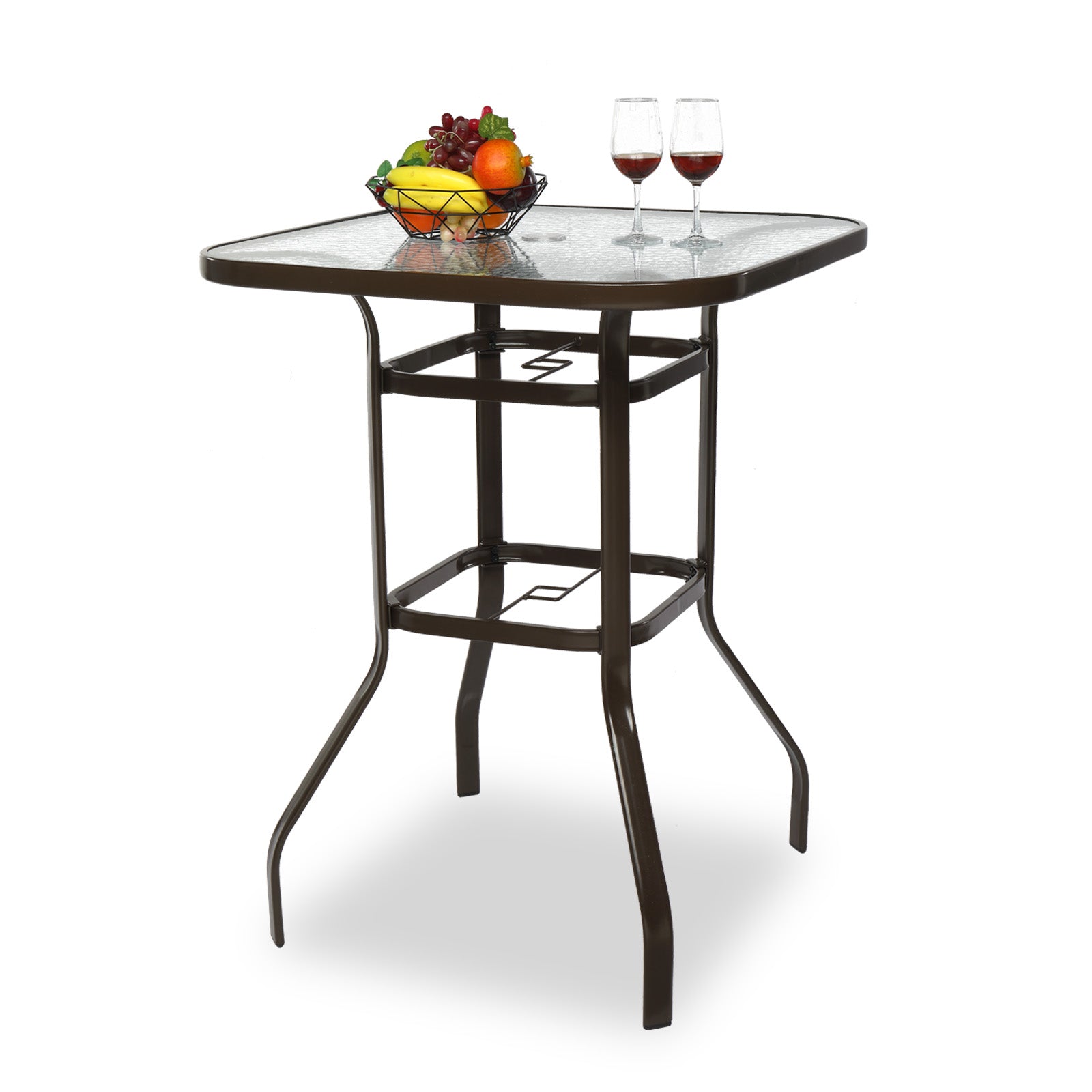 Haoyye Square Outdoor Bar Table, Patio Bar Height Bistro Table With Tempered Glass Top And Umbrella Hole, Brown, Perfect For Yard, Patio, Or Poolside