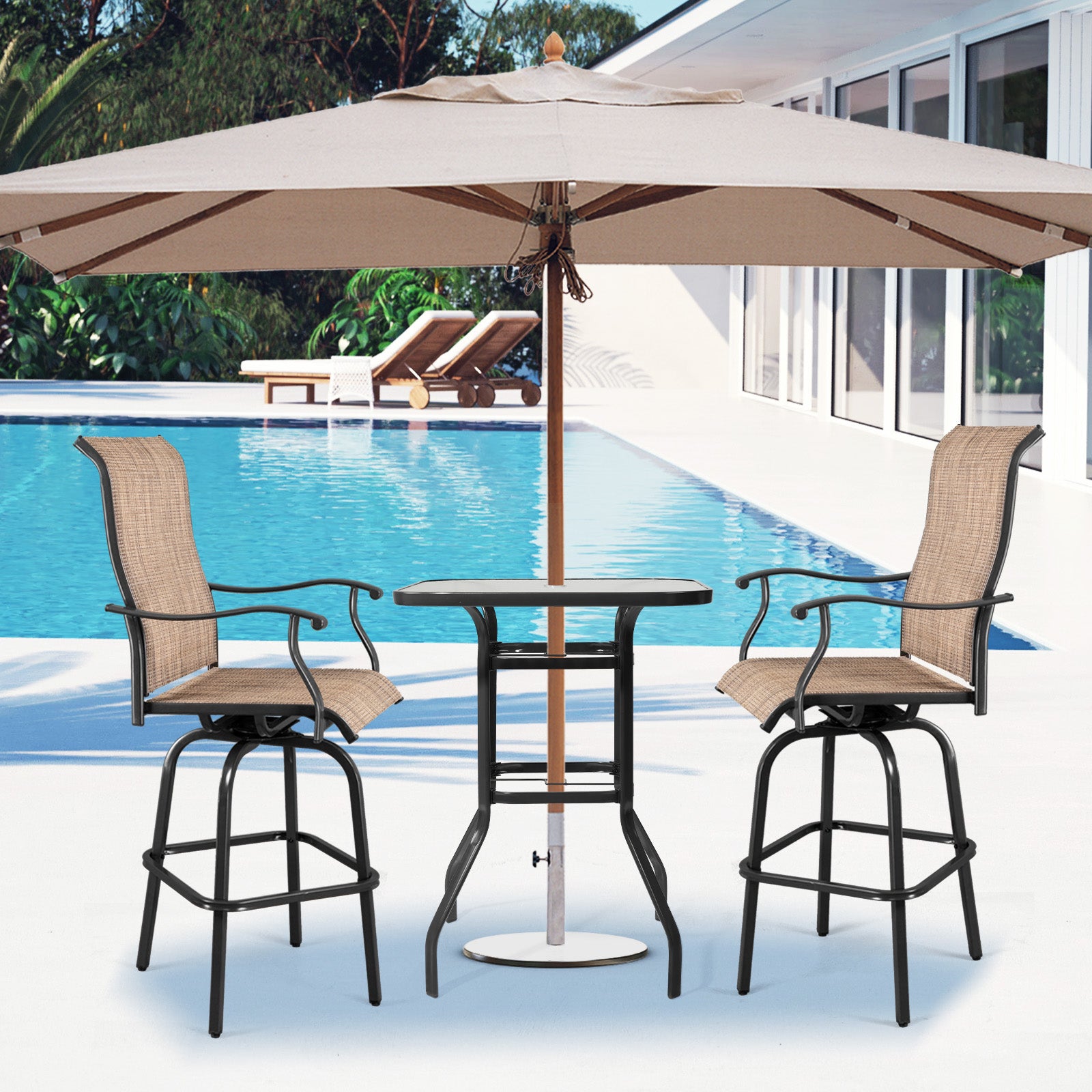 Haoyye Square Outdoor Bar Table, Black Bar Height Bistro Table With Tempered Glass Top And Umbrella Hole, Perfect For Patio, Yard, Or Poolside