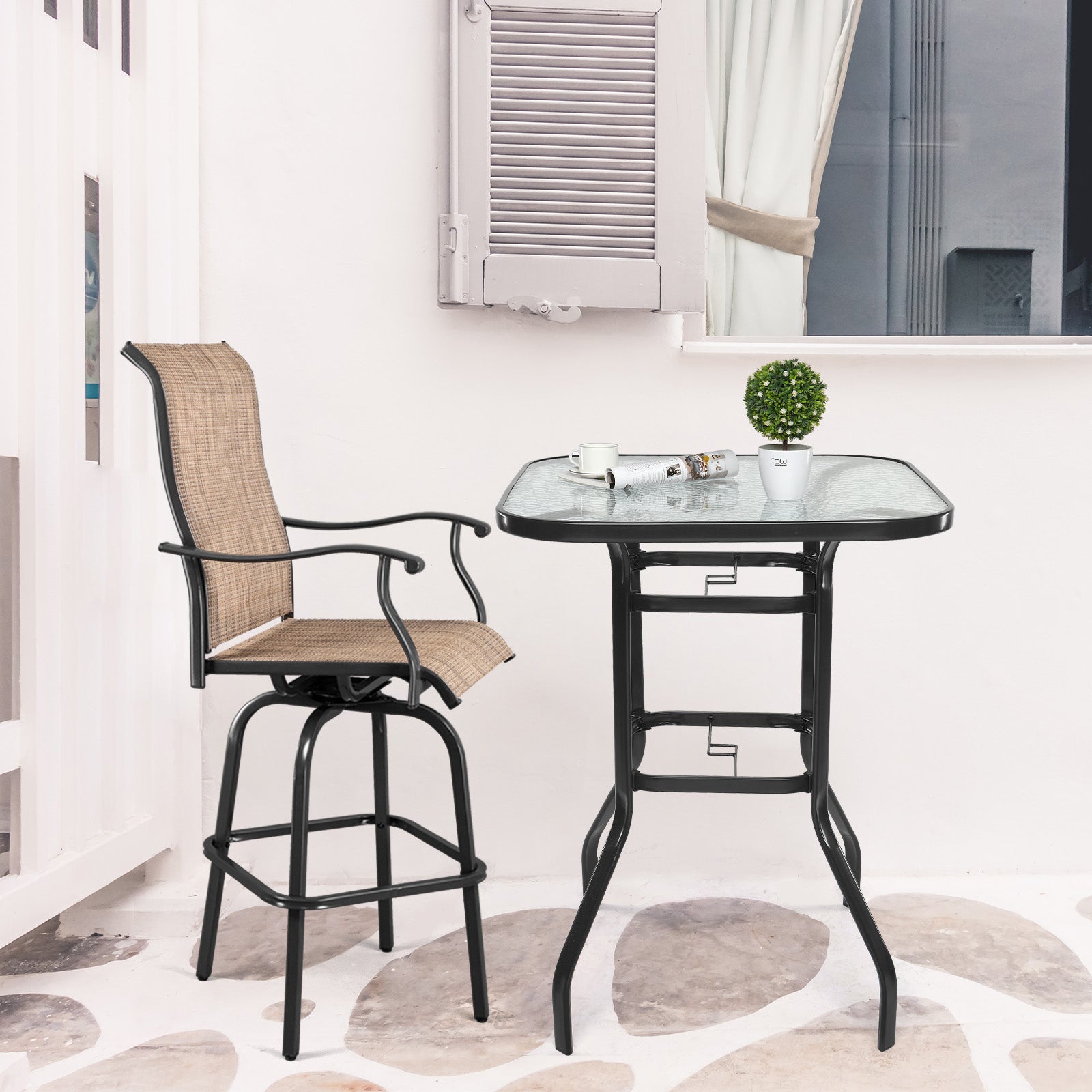 Haoyye Square Outdoor Bar Table, Black Bar Height Bistro Table With Tempered Glass Top And Umbrella Hole, Perfect For Patio, Yard, Or Poolside