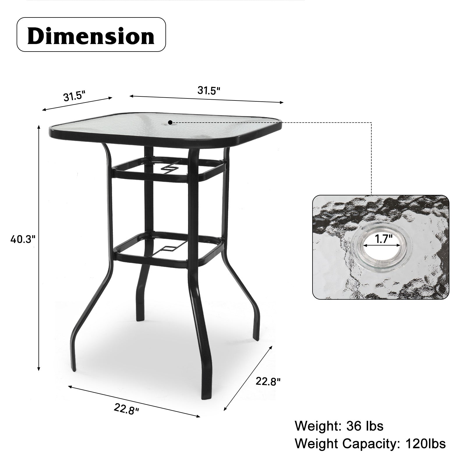 Haoyye Square Outdoor Bar Table, Black Bar Height Bistro Table With Tempered Glass Top And Umbrella Hole, Perfect For Patio, Yard, Or Poolside