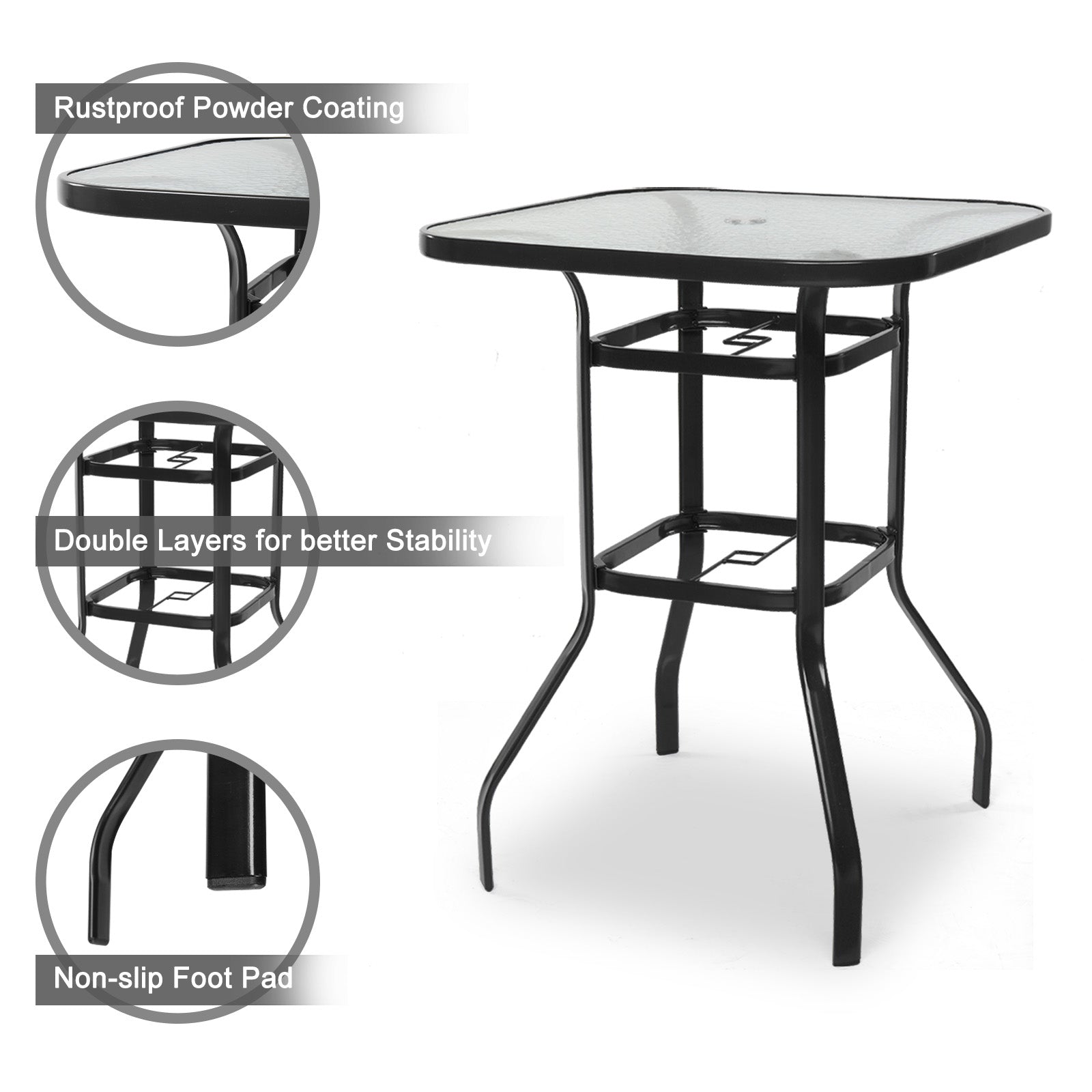 Haoyye Square Outdoor Bar Table, Black Bar Height Bistro Table With Tempered Glass Top And Umbrella Hole, Perfect For Patio, Yard, Or Poolside