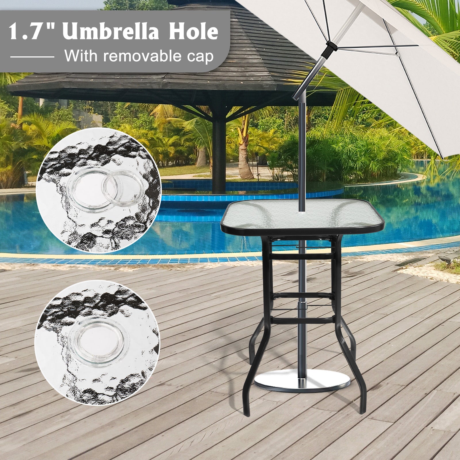 Haoyye Square Outdoor Bar Table, Black Bar Height Bistro Table With Tempered Glass Top And Umbrella Hole, Perfect For Patio, Yard, Or Poolside