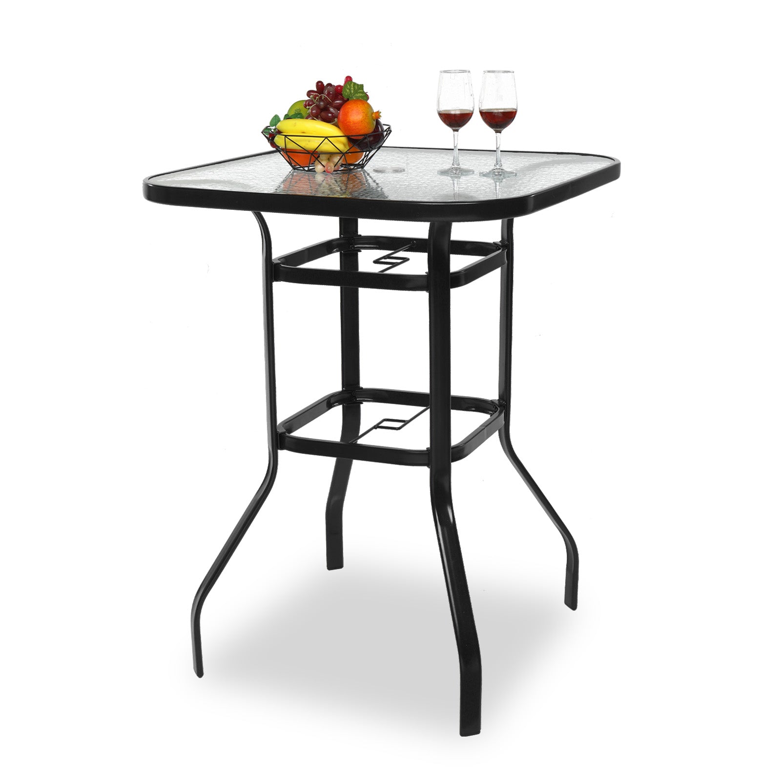 Haoyye Square Outdoor Bar Table, Black Bar Height Bistro Table With Tempered Glass Top And Umbrella Hole, Perfect For Patio, Yard, Or Poolside