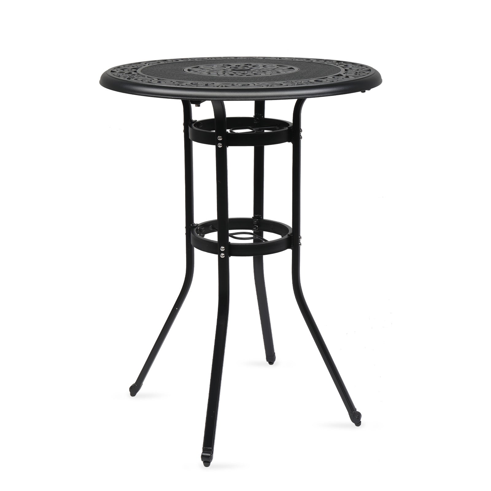 HAOYYE Outdoor Patio Cast Aluminum Round Bar Table Weather Resistant Bistro Table with Antique Finish and Footrest for Balcony Garden Deck Backyard Poolside Dining or Entertaining Use