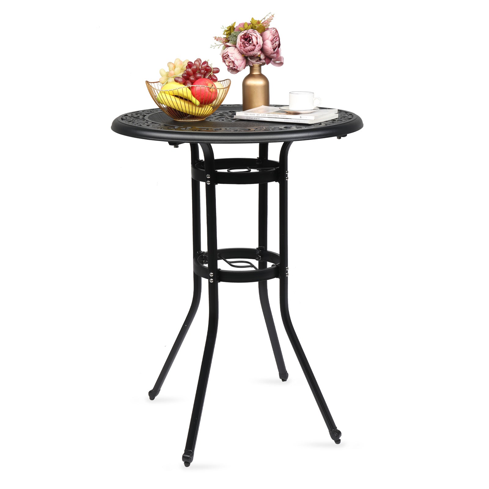 HAOYYE Outdoor Patio Cast Aluminum Round Bar Table Weather Resistant Bistro Table with Antique Finish and Footrest for Balcony Garden Deck Backyard Poolside Dining or Entertaining Use