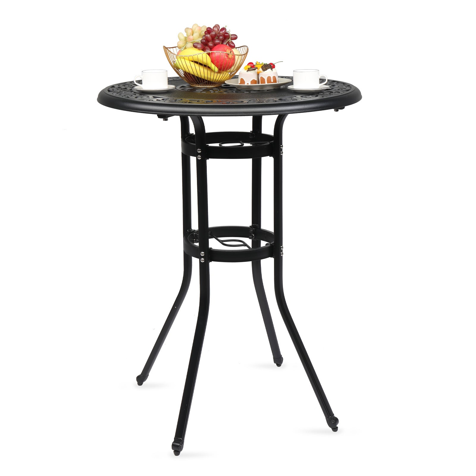 HAOYYE Outdoor Patio Cast Aluminum Round Bar Table Weather Resistant Bistro Table with Antique Finish and Footrest for Balcony Garden Deck Backyard Poolside Dining or Entertaining Use