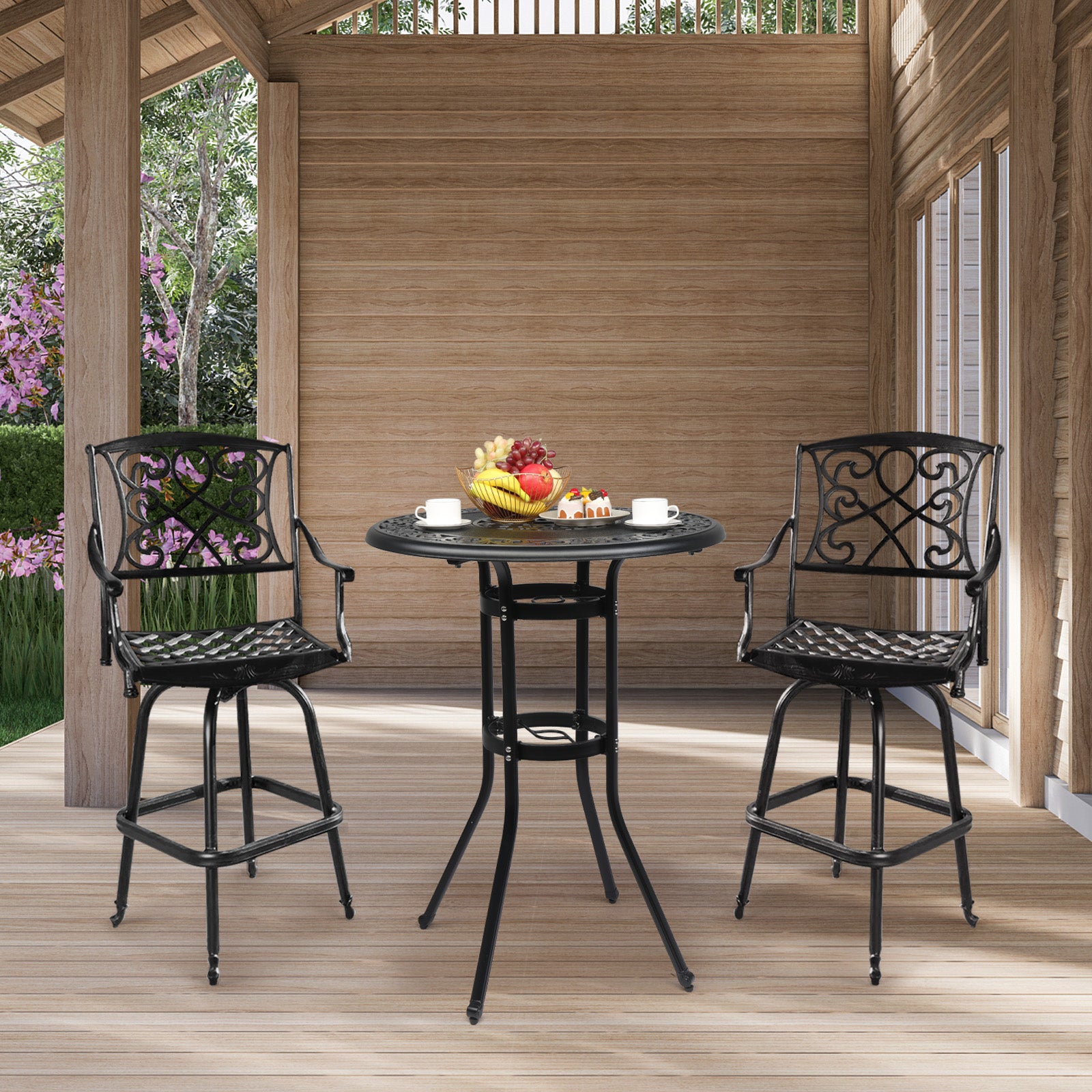 HAOYYE Outdoor Patio Cast Aluminum Round Bar Table Weather Resistant Bistro Table with Antique Finish and Footrest for Balcony Garden Deck Backyard Poolside Dining or Entertaining Use