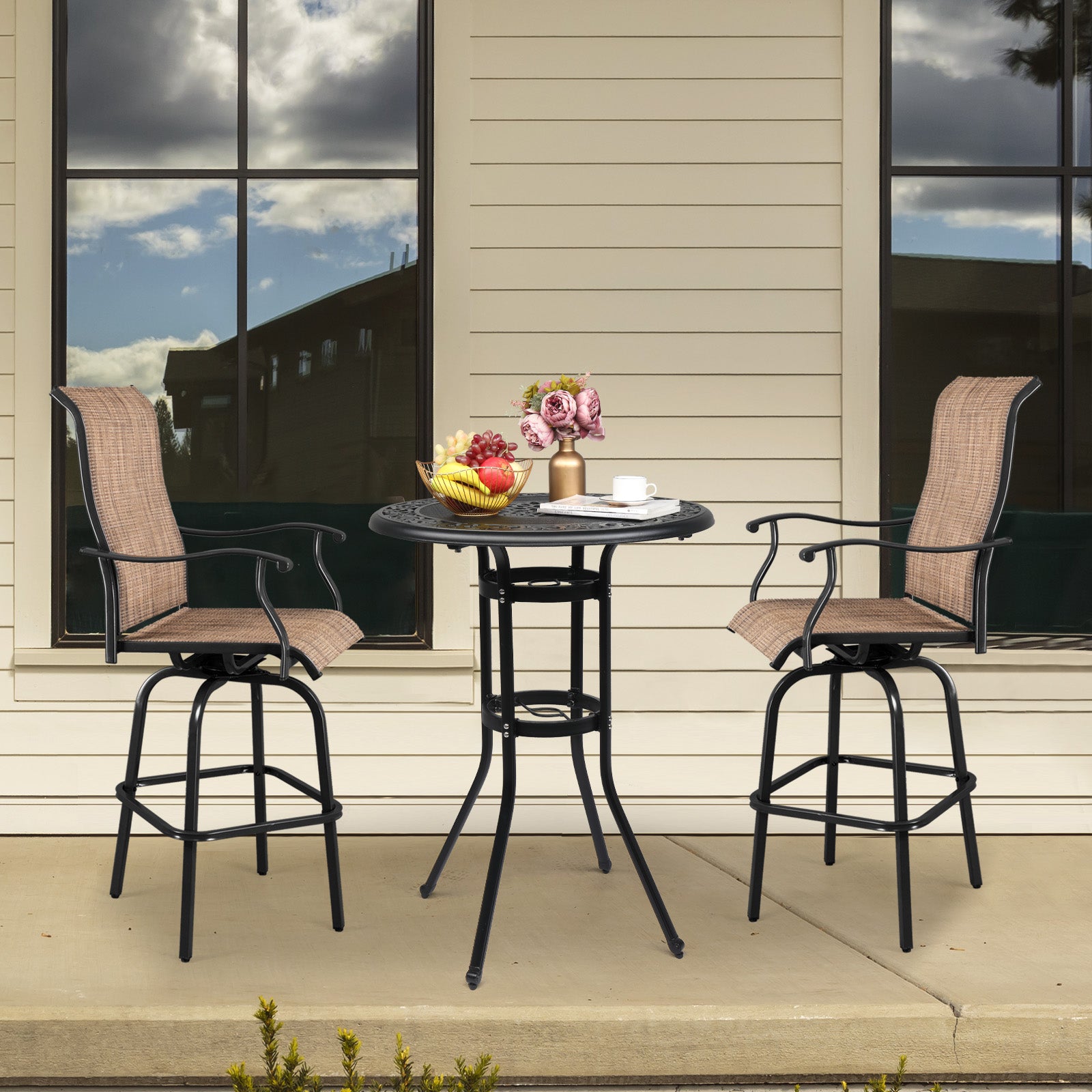 HAOYYE Outdoor Patio Cast Aluminum Round Bar Table Weather Resistant Bistro Table with Antique Finish and Footrest for Balcony Garden Deck Backyard Poolside Dining or Entertaining Use
