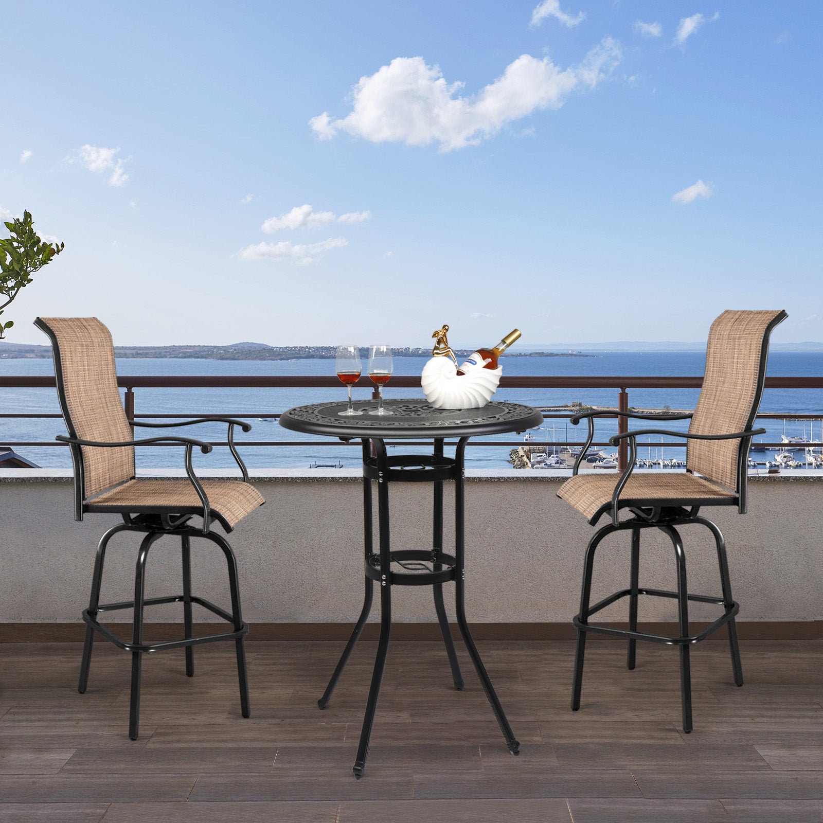 HAOYYE Outdoor Patio Cast Aluminum Round Bar Table Weather Resistant Bistro Table with Antique Finish and Footrest for Balcony Garden Deck Backyard Poolside Dining or Entertaining Use