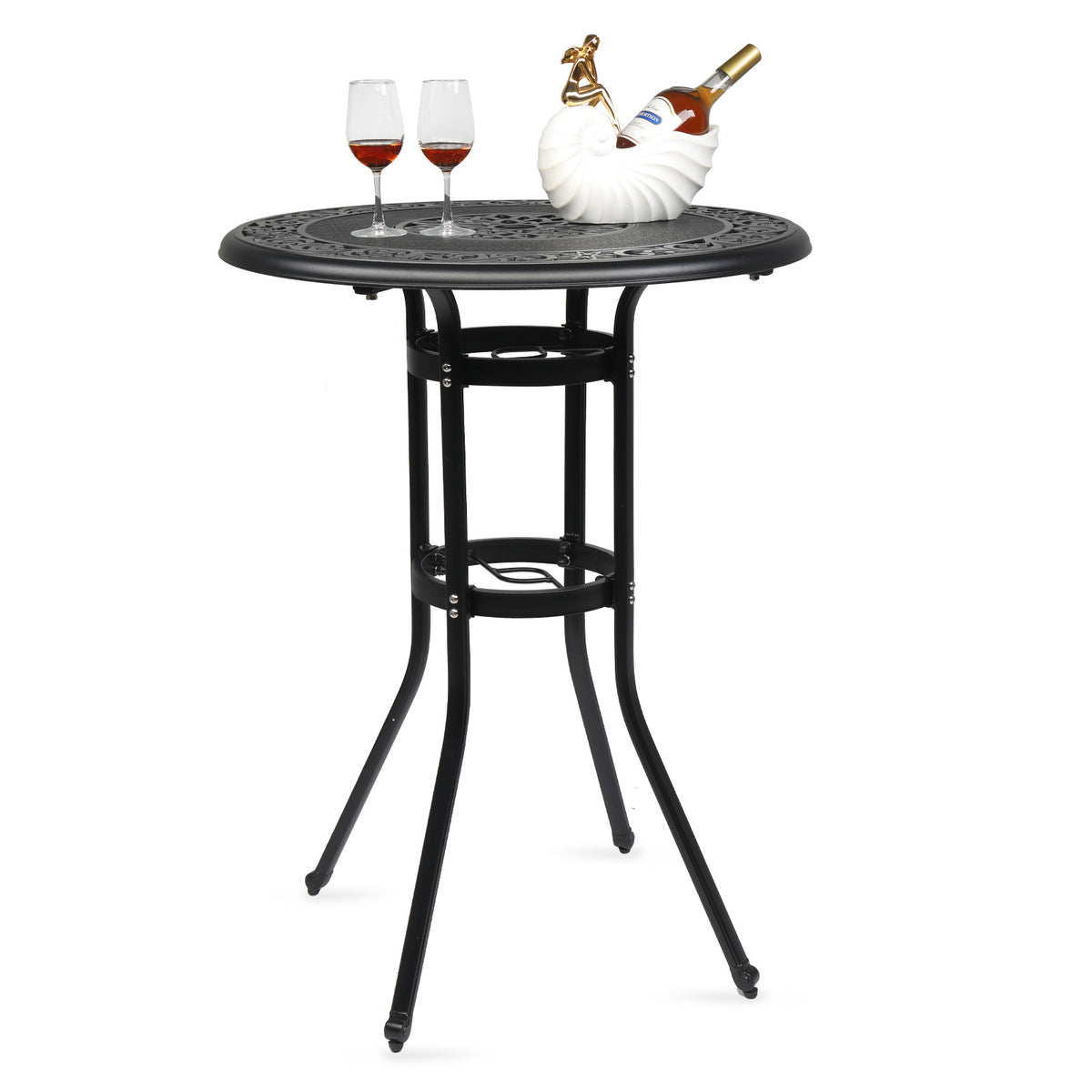HAOYYE Outdoor Patio Cast Aluminum Round Bar Table Weather Resistant Bistro Table with Antique Finish and Footrest for Balcony Garden Deck Backyard Poolside Dining or Entertaining Use