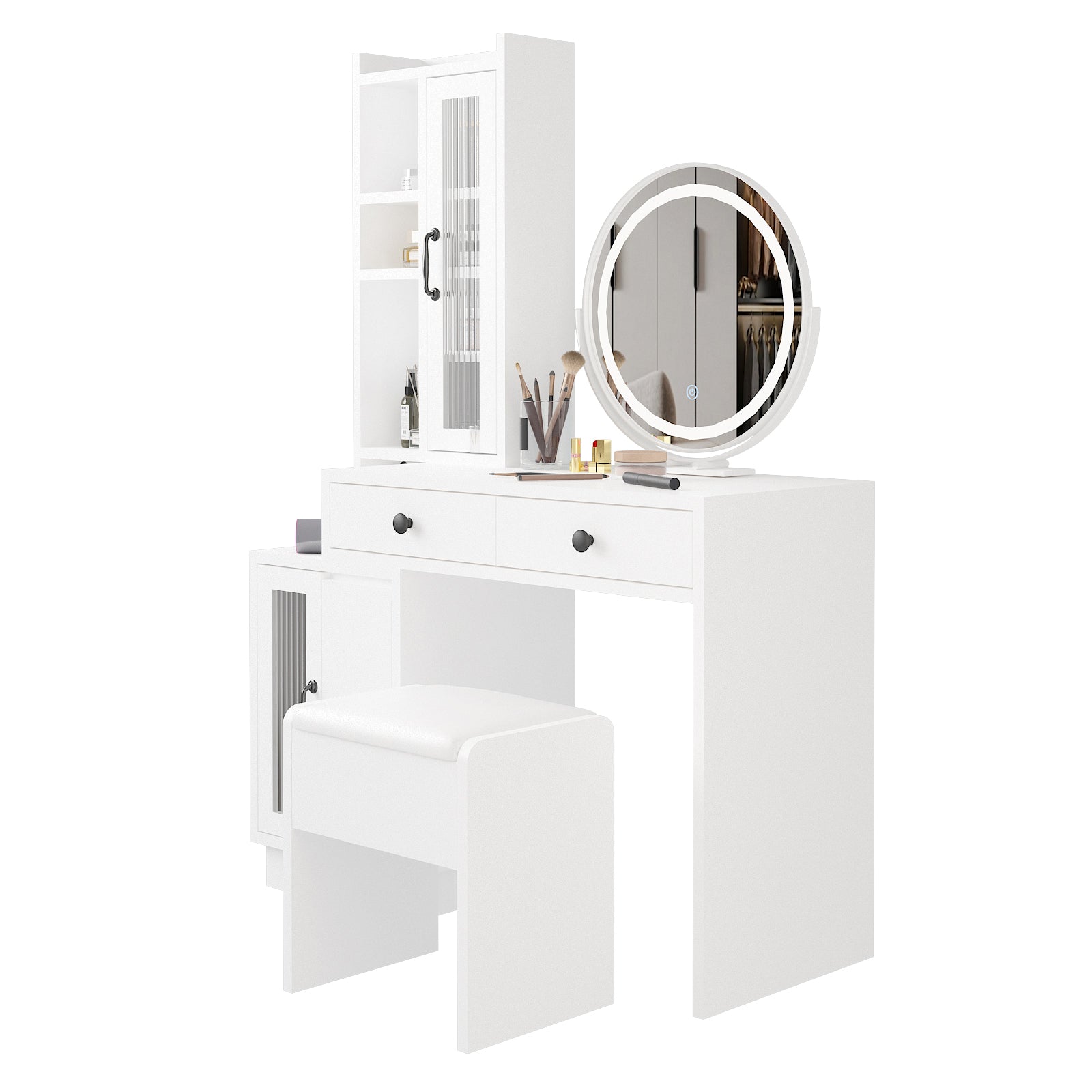 HAOYYE Modern Makeup Vanity Table Set with Side Cabinet, LED Mirror, 3 Light Colors, Retractable Dressing Table with Power Outlets, Adjustable LED Lighting, Storage Drawer, Elegant Makeup Desk for Bedroom, Dressing Room, Home Use