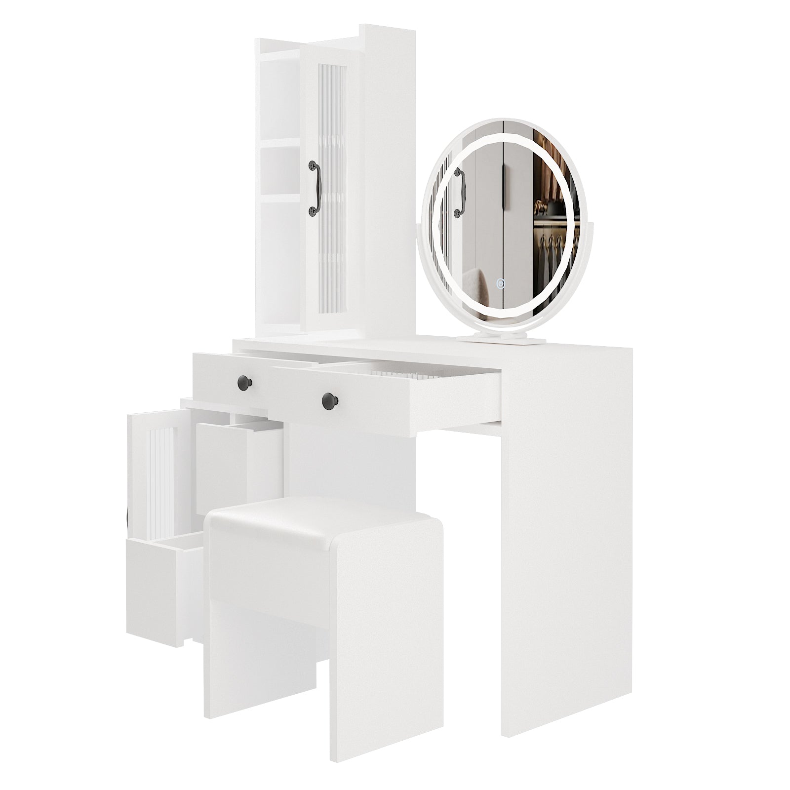 HAOYYE Modern Makeup Vanity Table Set with Side Cabinet, LED Mirror, 3 Light Colors, Retractable Dressing Table with Power Outlets, Adjustable LED Lighting, Storage Drawer, Elegant Makeup Desk for Bedroom, Dressing Room, Home Use