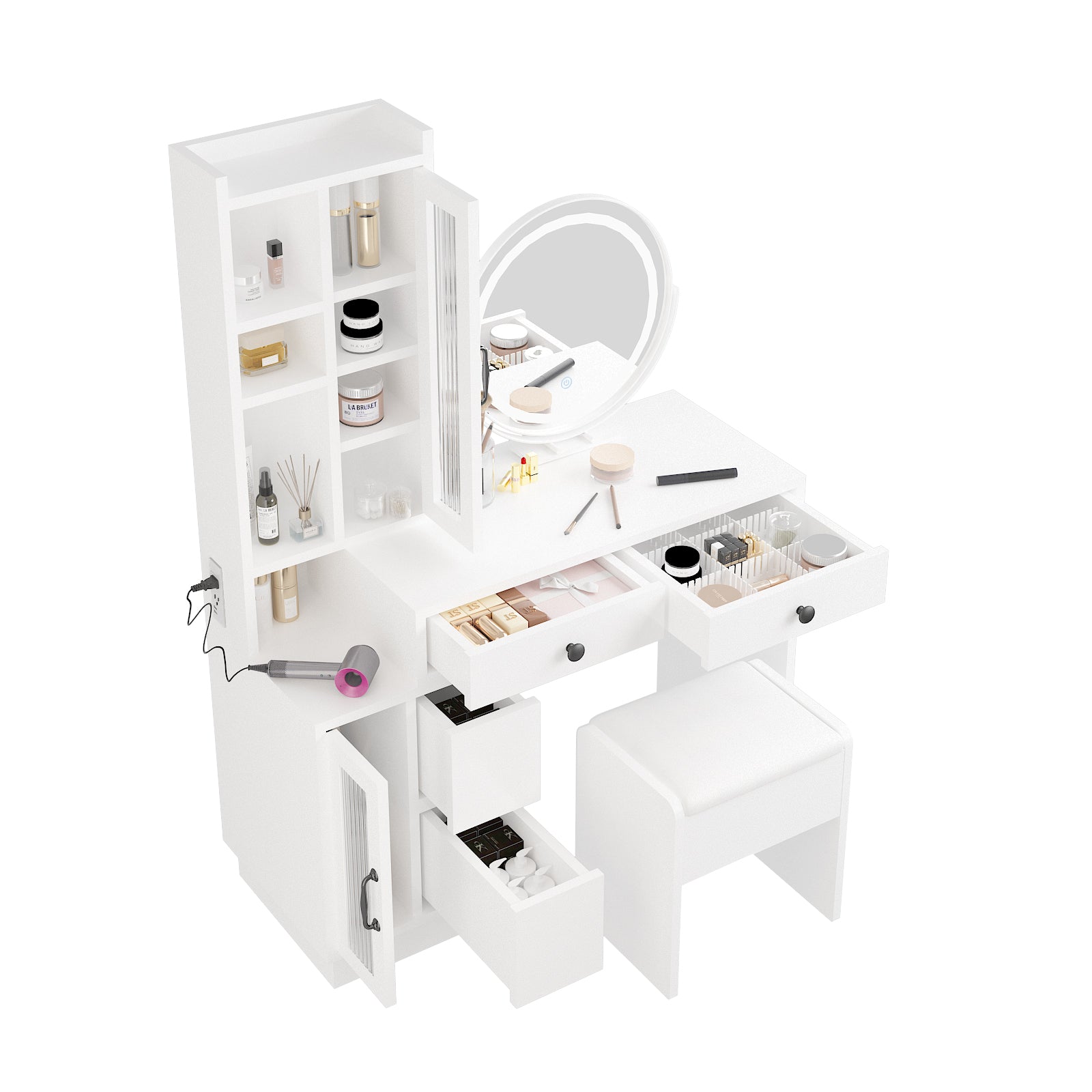 HAOYYE Modern Makeup Vanity Table Set with Side Cabinet, LED Mirror, 3 Light Colors, Retractable Dressing Table with Power Outlets, Adjustable LED Lighting, Storage Drawer, Elegant Makeup Desk for Bedroom, Dressing Room, Home Use