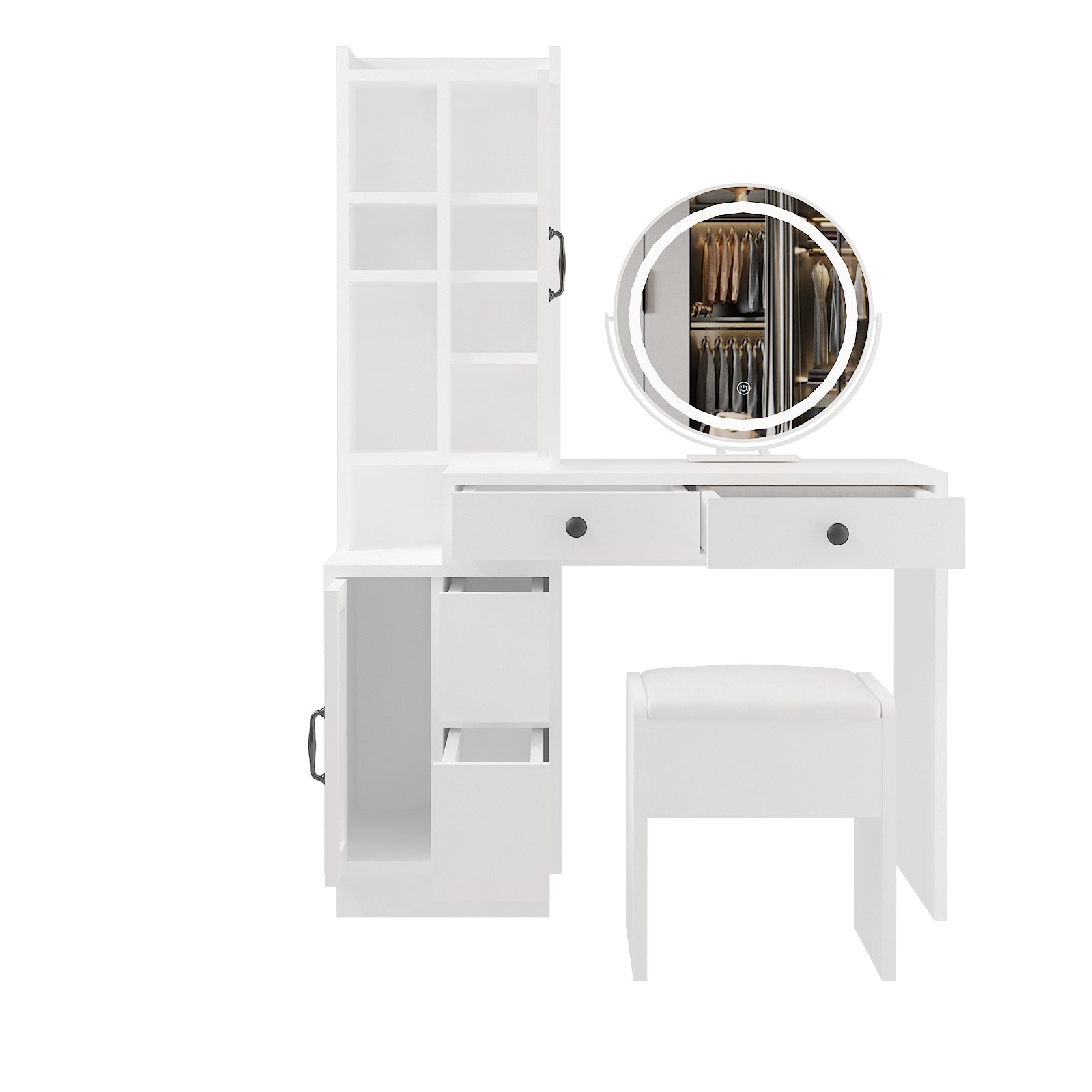 HAOYYE Modern Makeup Vanity Table Set with Side Cabinet, LED Mirror, 3 Light Colors, Retractable Dressing Table with Power Outlets, Adjustable LED Lighting, Storage Drawer, Elegant Makeup Desk for Bedroom, Dressing Room, Home Use