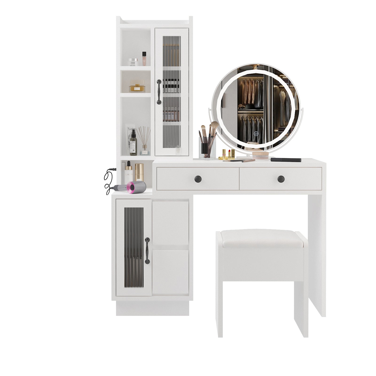 HAOYYE Modern Makeup Vanity Table Set with Side Cabinet, LED Mirror, 3 Light Colors, Retractable Dressing Table with Power Outlets, Adjustable LED Lighting, Storage Drawer, Elegant Makeup Desk for Bedroom, Dressing Room, Home Use