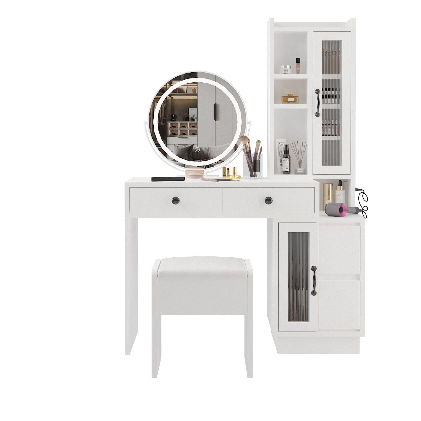 HAOYYE Modern Makeup Vanity Table Set with Side Cabinet, LED Mirror, 3 Light Colors, Retractable Dressing Table with Power Outlets, Adjustable LED Lighting, Storage Drawer, Elegant Makeup Desk for Bedroom, Dressing Room, Home Use