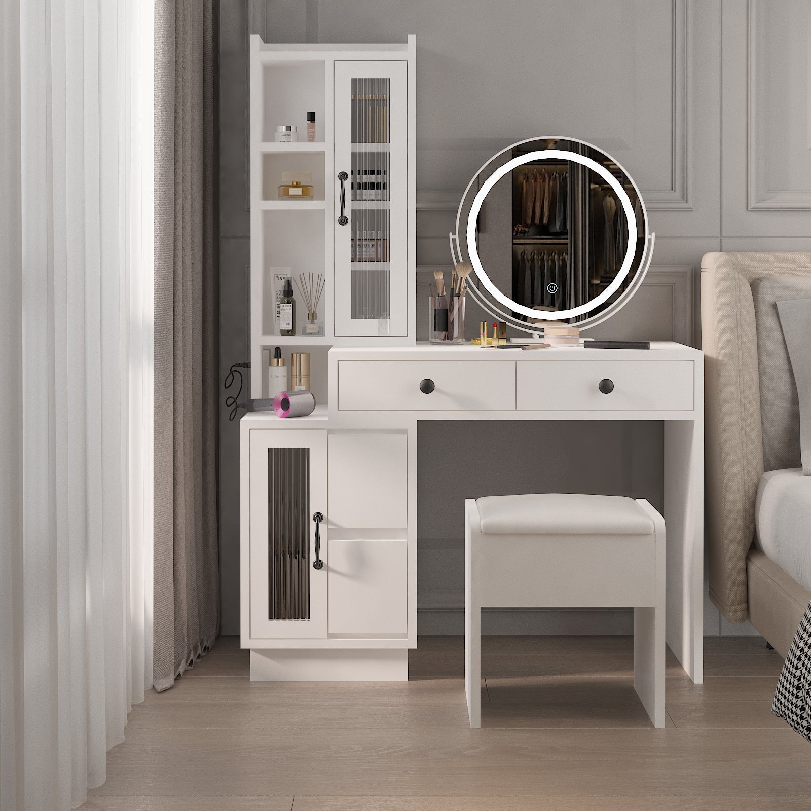 HAOYYE Modern Makeup Vanity Table Set with Side Cabinet, LED Mirror, 3 Light Colors, Retractable Dressing Table with Power Outlets, Adjustable LED Lighting, Storage Drawer, Elegant Makeup Desk for Bedroom, Dressing Room, Home Use