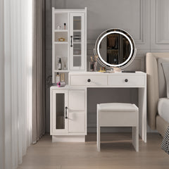 HAOYYE Modern Makeup Vanity Table Set with Side Cabinet, LED Mirror, 3 Light Colors, Retractable Dressing Table with Power Outlets, Adjustable LED Lighting, Storage Drawer, Elegant Makeup Desk for Bedroom, Dressing Room, Home Use