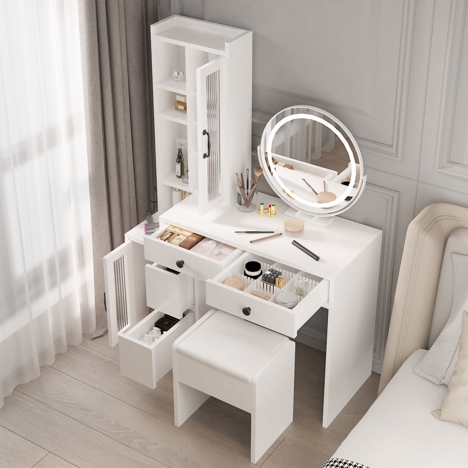 HAOYYE Modern Makeup Vanity Table Set with Side Cabinet, LED Mirror, 3 Light Colors, Retractable Dressing Table with Power Outlets, Adjustable LED Lighting, Storage Drawer, Elegant Makeup Desk for Bedroom, Dressing Room, Home Use