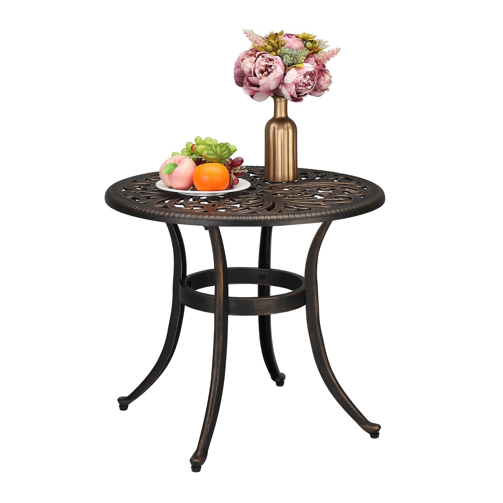 HAOYYE Phoenix Round Garden Cast Aluminum Table, Bronze Outdoor Dining Table with Umbrella Hole, Durable and Easy to Assemble