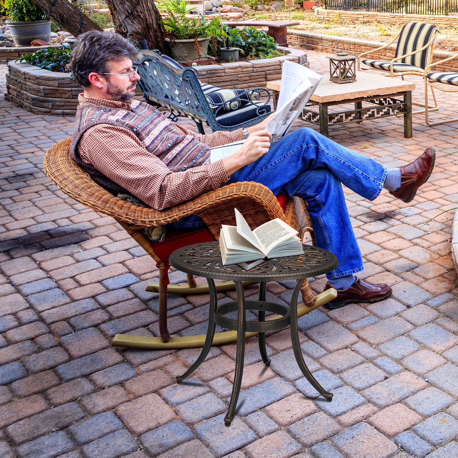 HAOYYE Phoenix Round Garden Cast Aluminum Table, Bronze Outdoor Dining Table with Umbrella Hole, Durable and Easy to Assemble