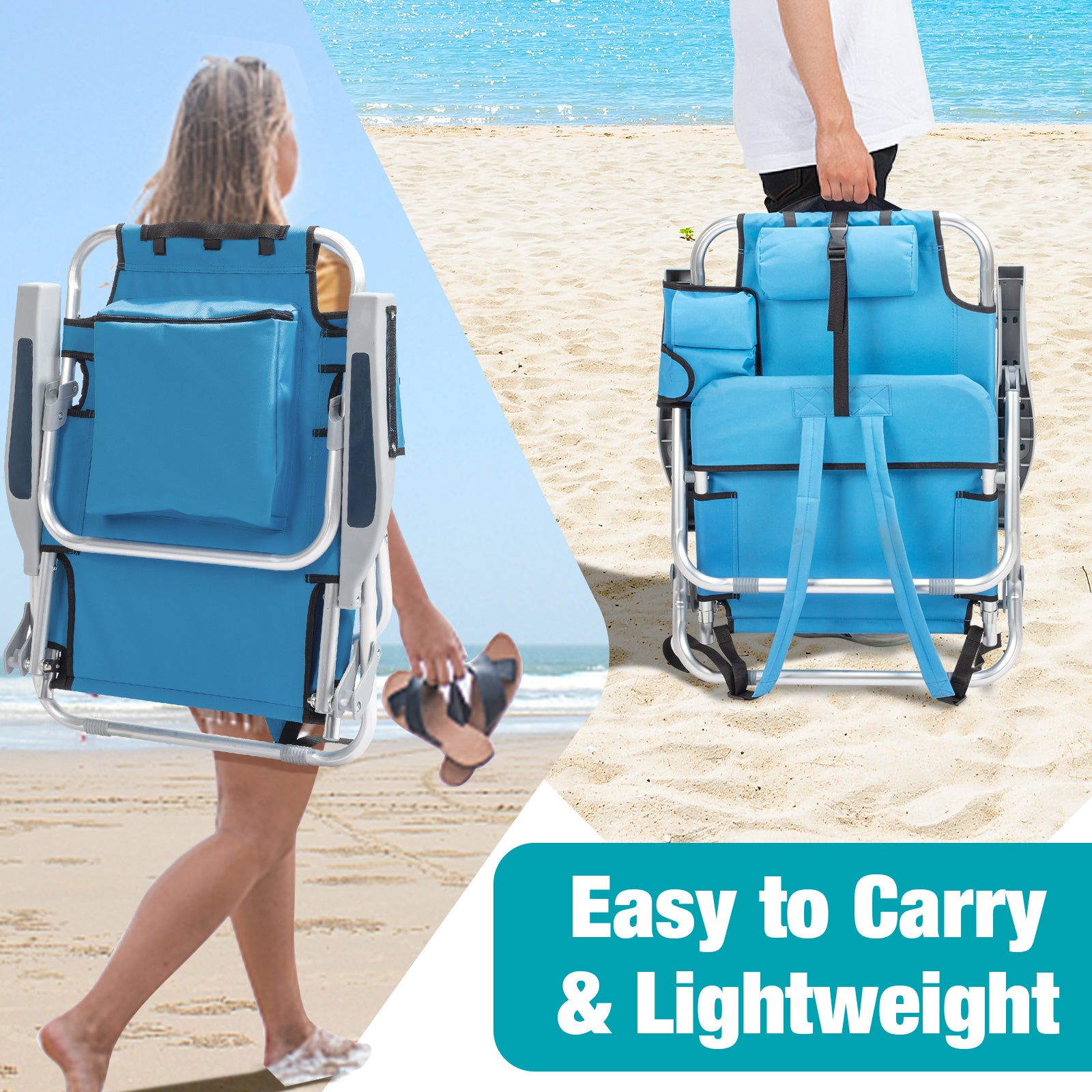 HAOYYE  Folding Beach Chair with Adjustable Backrest, Lightweight Aluminum Frame and 5 Reclining Positions, Durable 600D Polyester Fabric, Extra Storage Space with Cup Holder for Outdoor Activities