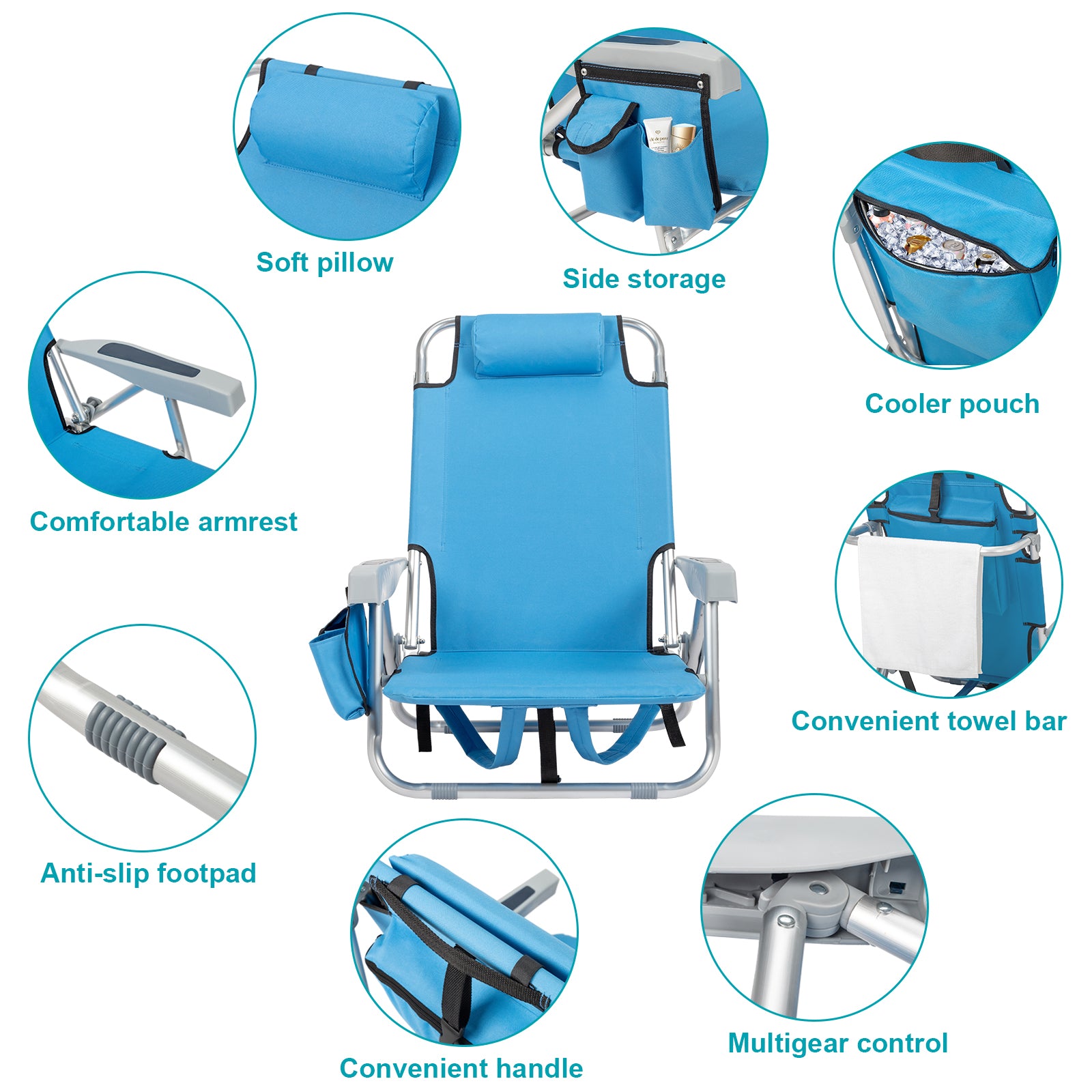 HAOYYE  Folding Beach Chair with Adjustable Backrest, Lightweight Aluminum Frame and 5 Reclining Positions, Durable 600D Polyester Fabric, Extra Storage Space with Cup Holder for Outdoor Activities
