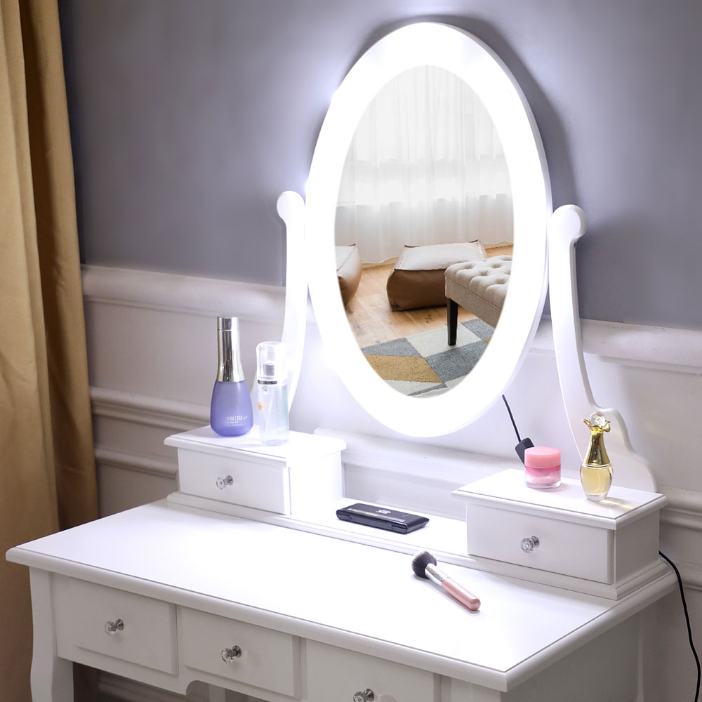 HAOYYE Modern White Vanity Desk with Light Bulb Mirror and 5 Storage Drawers, Sleek Makeup Dressing Table with Single Mirror for Bedroom, Closet, or Apartment Organization
