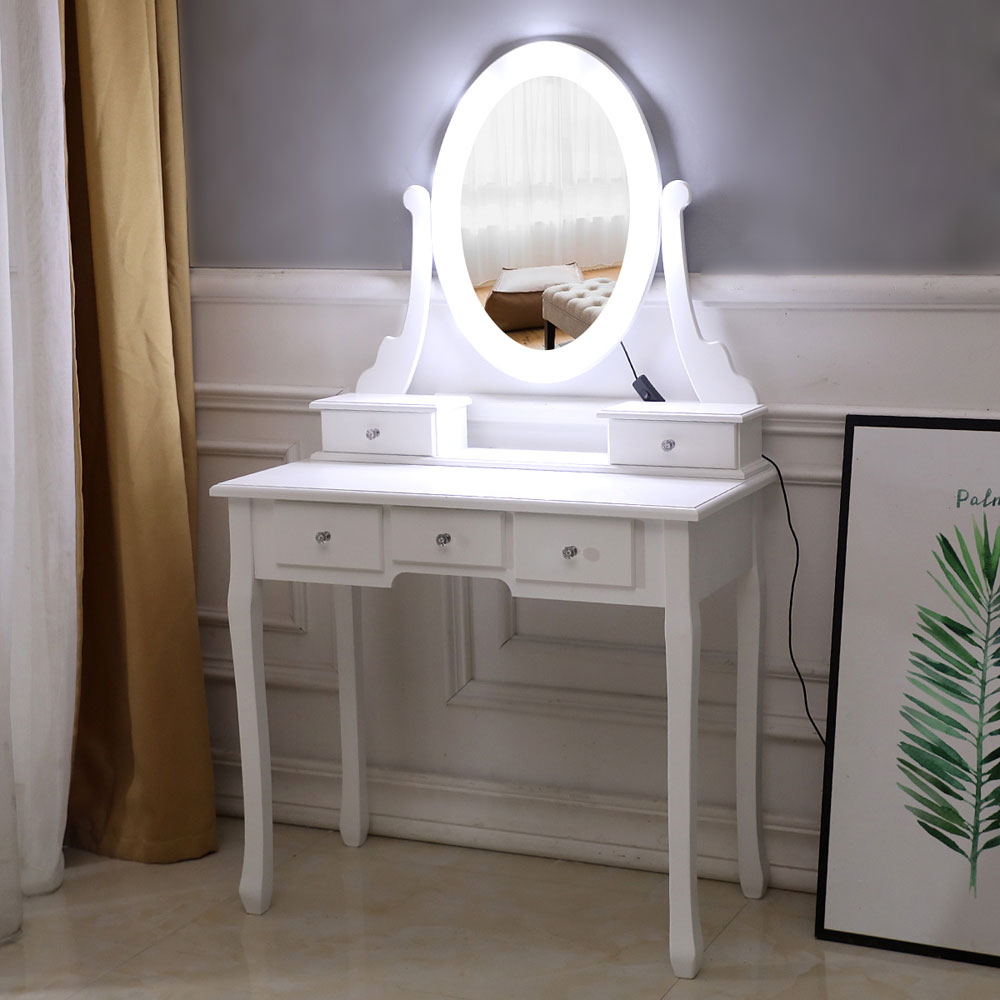 HAOYYE Modern White Vanity Desk with Light Bulb Mirror and 5 Storage Drawers, Sleek Makeup Dressing Table with Single Mirror for Bedroom, Closet, or Apartment Organization
